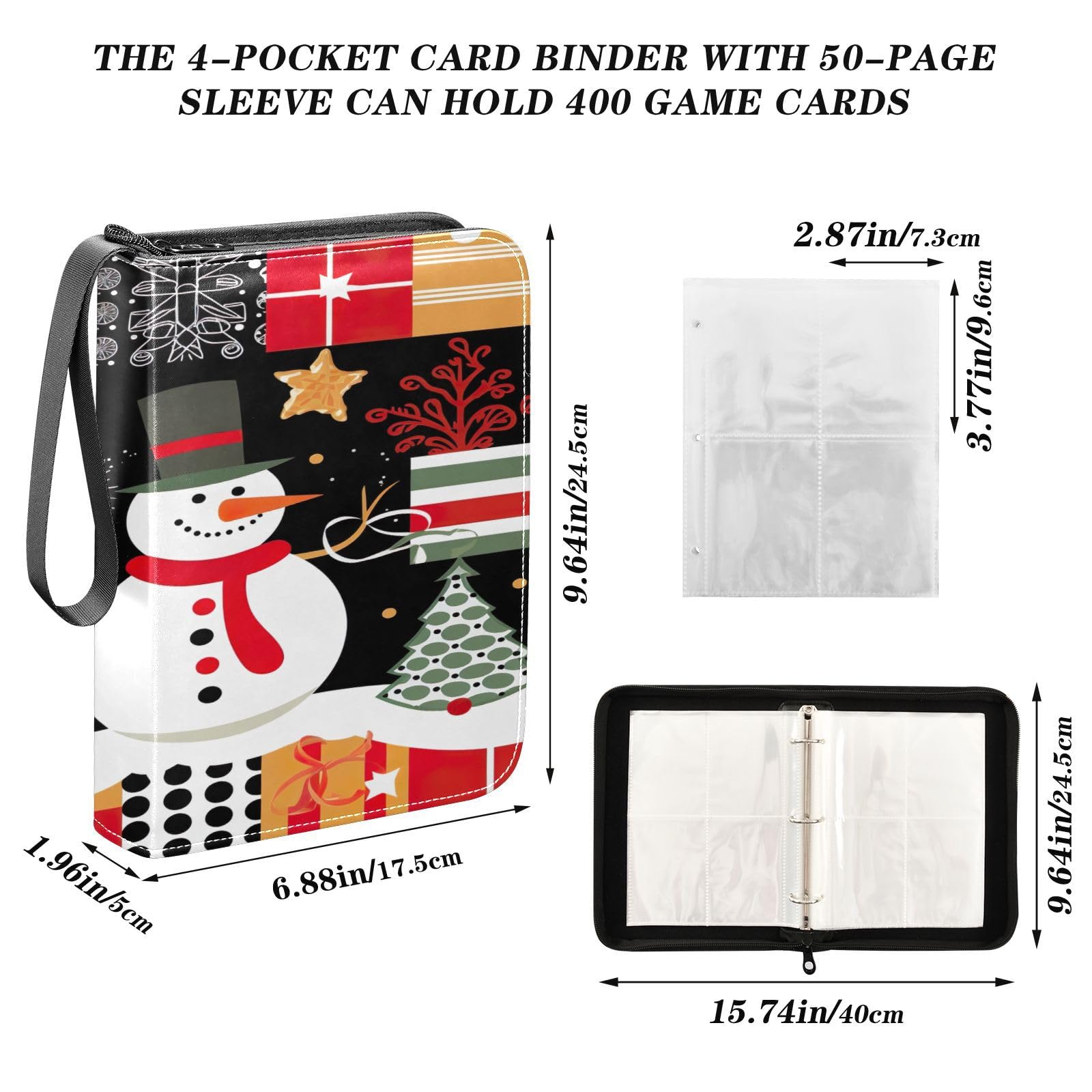 Christmas Snowman Plaid 4-Pocket Trading Card Binder - Holds 400 Cards with 50 Sleeves, 3-Ring Card Album Book for Collectors - Perfect for Organizing Pokemon, Magic, and Sports Trading Cards at Home or Events
