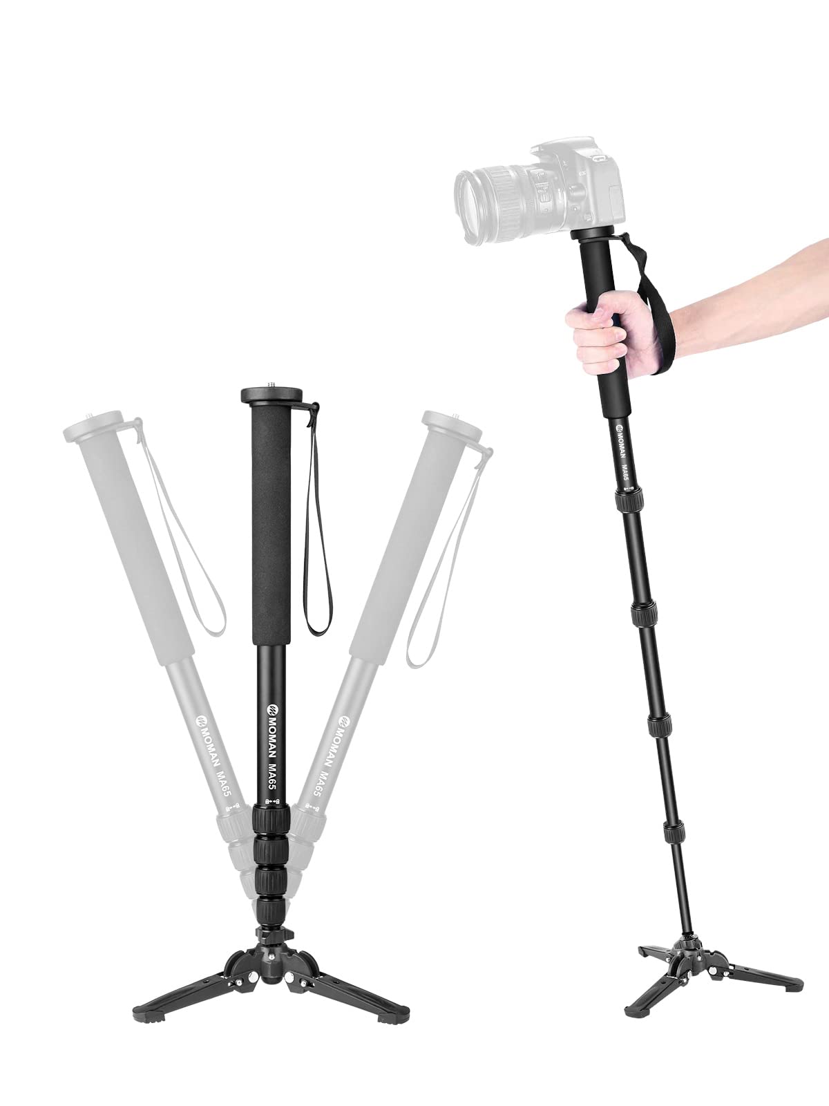 Moman MA65 Professional Aluminum Alloy Camera Monopod - Extendable to 65 Inch, Supports 22lbs/10kg DSLR & Camcorder - Removable Tripod Base for Travel & Outdoor Photography - Perfect for Vlogging, Sports Events & Landscape Shooting