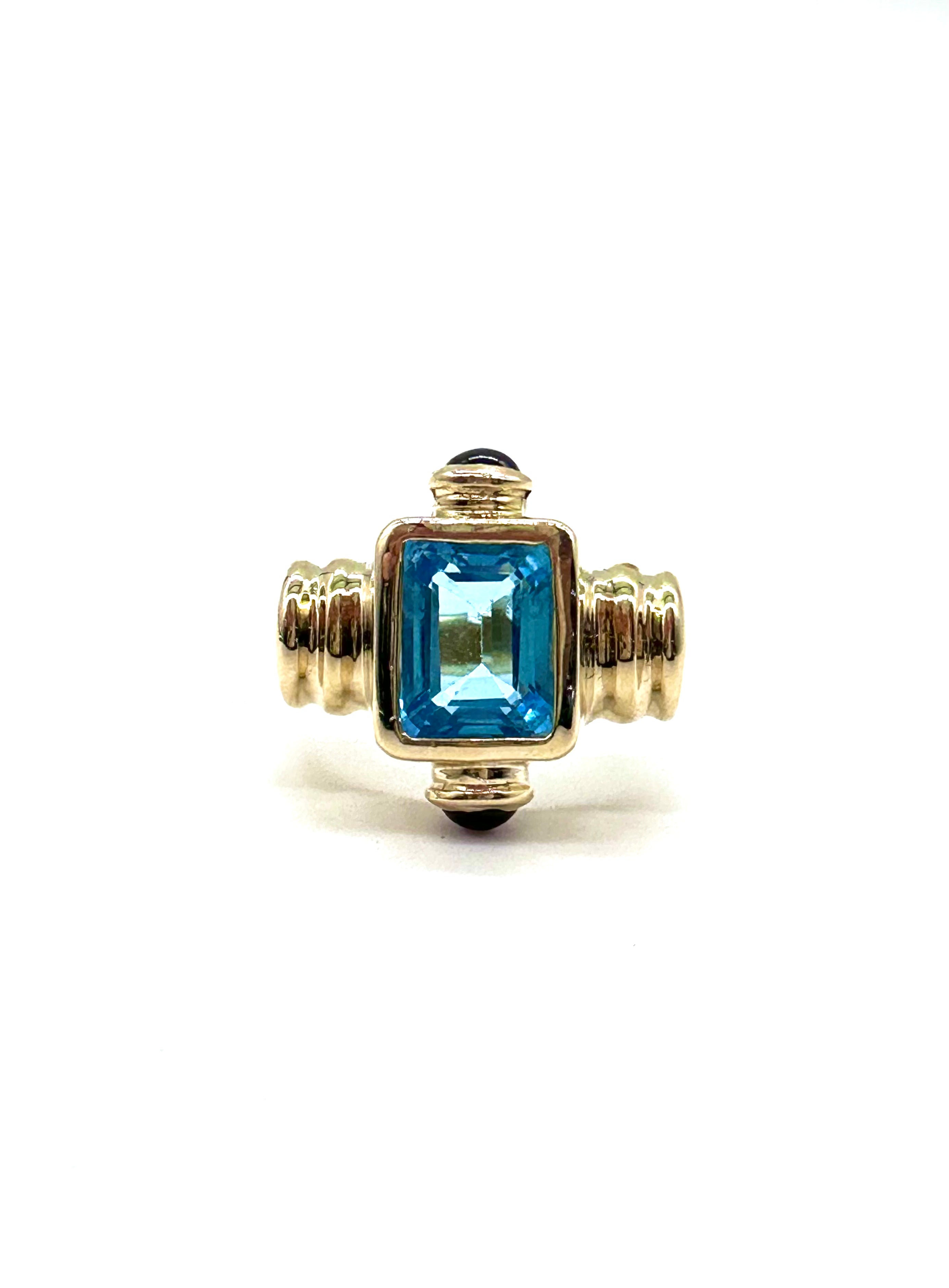 Blue Topaz & Cabochon Ruby Ring - Elegant Sterling Silver Jewelry for Women - Perfect for Weddings, Anniversaries & Special Occasions