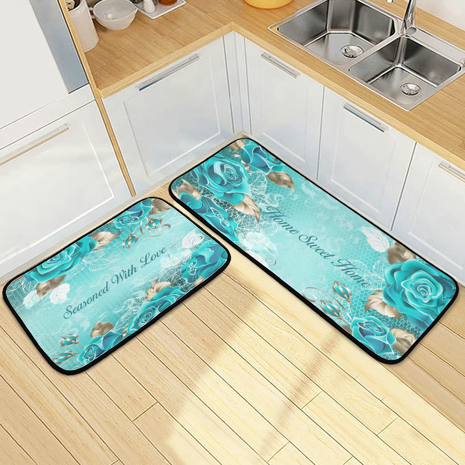 Non-Slip Washable Turquoise Kitchen Rugs Set of 2 - Teal Runner Mats for Floor, Rose Pattern Kitchen Decor - Perfect for Sweet Home Decor & Seasoned Love Theme | Ideal for Kitchens, Entryways & High-Traffic Areas