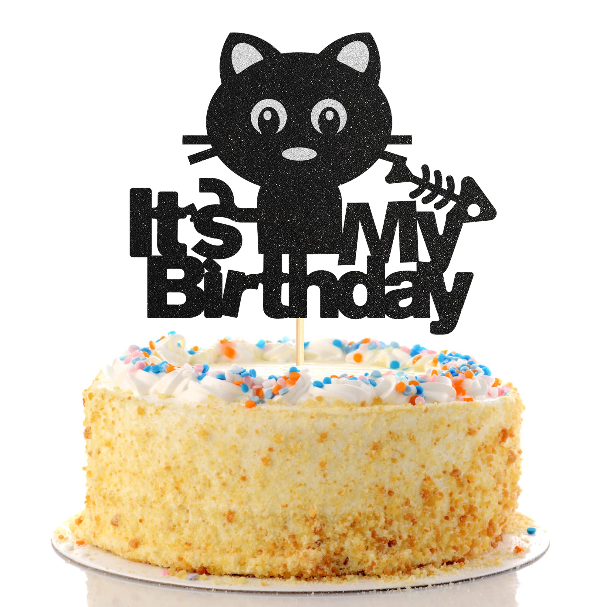 Black Glitter Cat Cake Topper for Birthday Parties | Pet-Themed 1st Birthday & Baby Shower Decoration | Perfect for Cat Lovers, Girls' Parties & Kitten-Themed Celebrations | Ideal for Cakes, Cupcakes & Dessert Tables