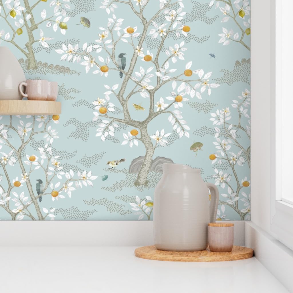 Peel & Stick Removable Wallpaper Swatch - Grey Birds, Trees, Aqua Citrus, Taupe, Chinoiserie Patterns | Self-Adhesive Custom Wallpaper for Bedroom, Nursery, Office & Home Decor | Spoonflower