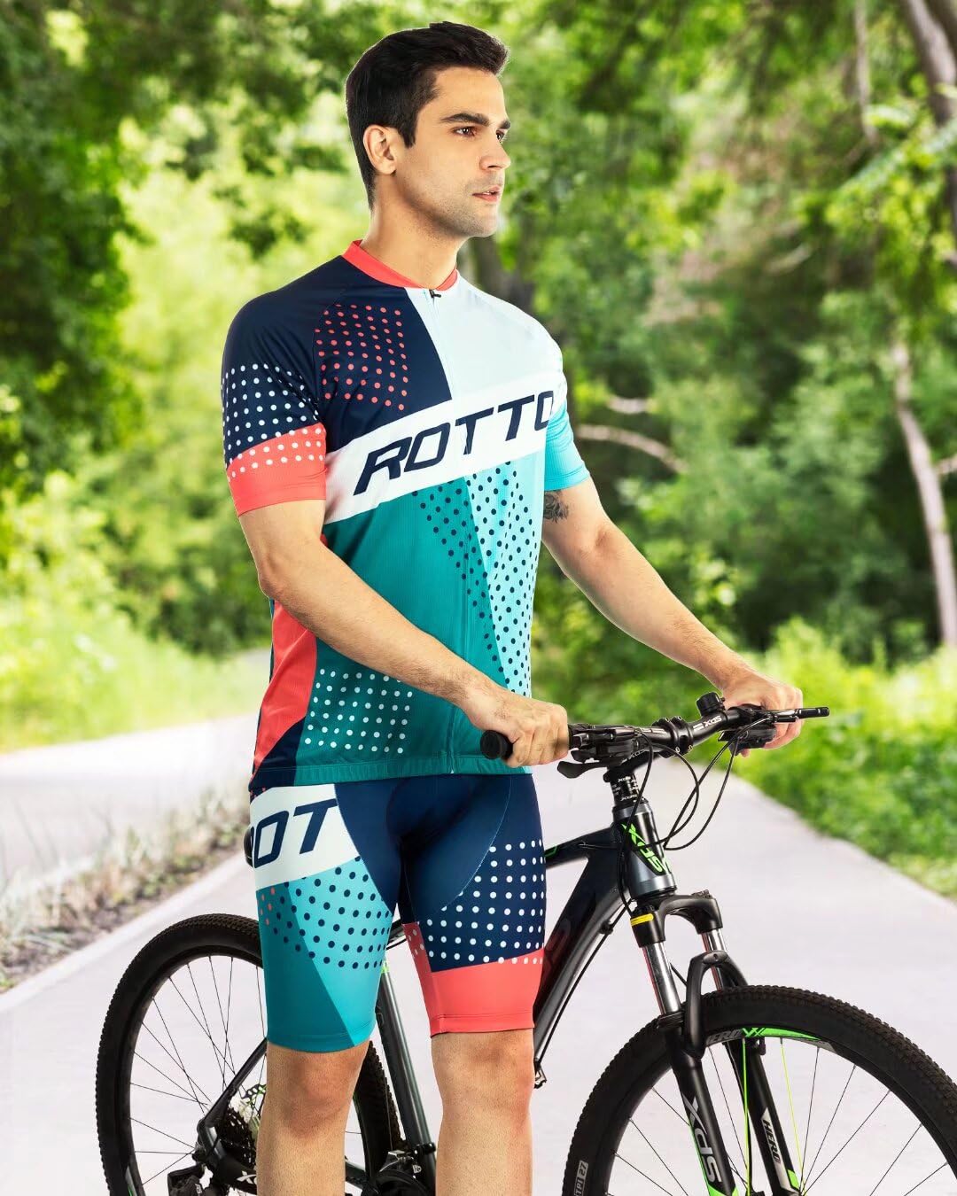 ROTTO Men's Cycling Jersey & Shorts Set - Breathable Short Sleeve Bike Outfit with Padded Shorts - Perfect for Road Biking, Mountain Cycling & Outdoor Sports