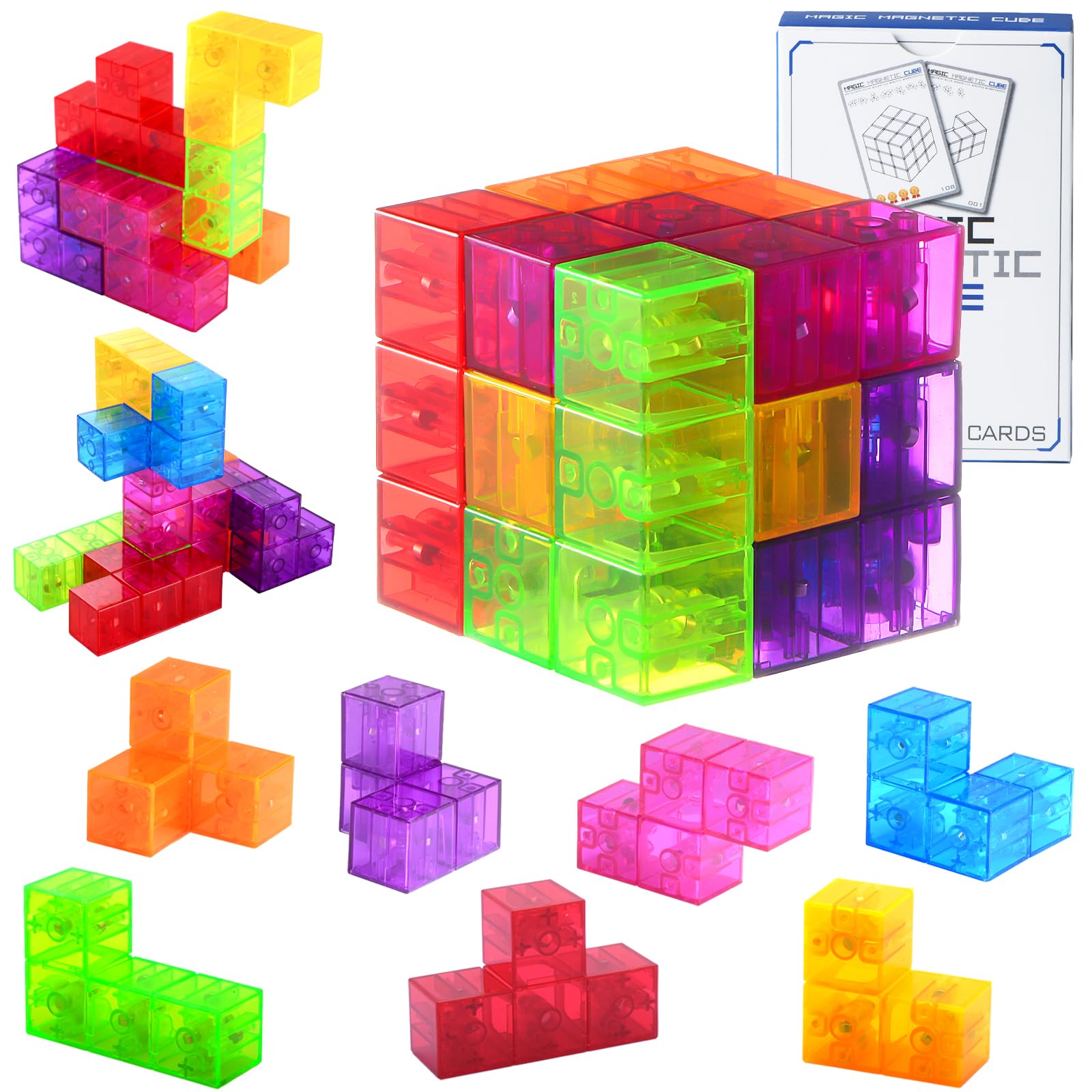 Magnetic Building Blocks Set - 7 Multi-Shape 3D Puzzle Cubes with 54 Guide Cards | STEM Educational Toys for Toddlers & Kids | Montessori Learning Toys for Boys & Girls | Perfect for Classroom, Home Play & Creative Development