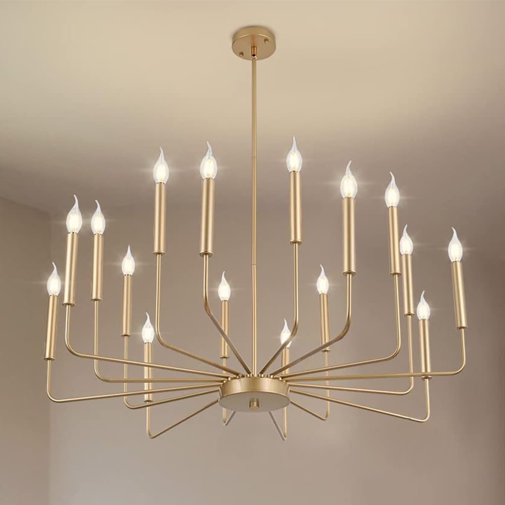 Modern Gold Farmhouse Chandeliers - 16-Light Industrial Metal Chandelier Lighting Fixture with Classic Candle Design | Perfect for Kitchen Island, Dining Room, Living Room & Staircase Decor | Elegant Hanging Pendant Light for Rustic, Vintage & Farmhouse Style Homes
