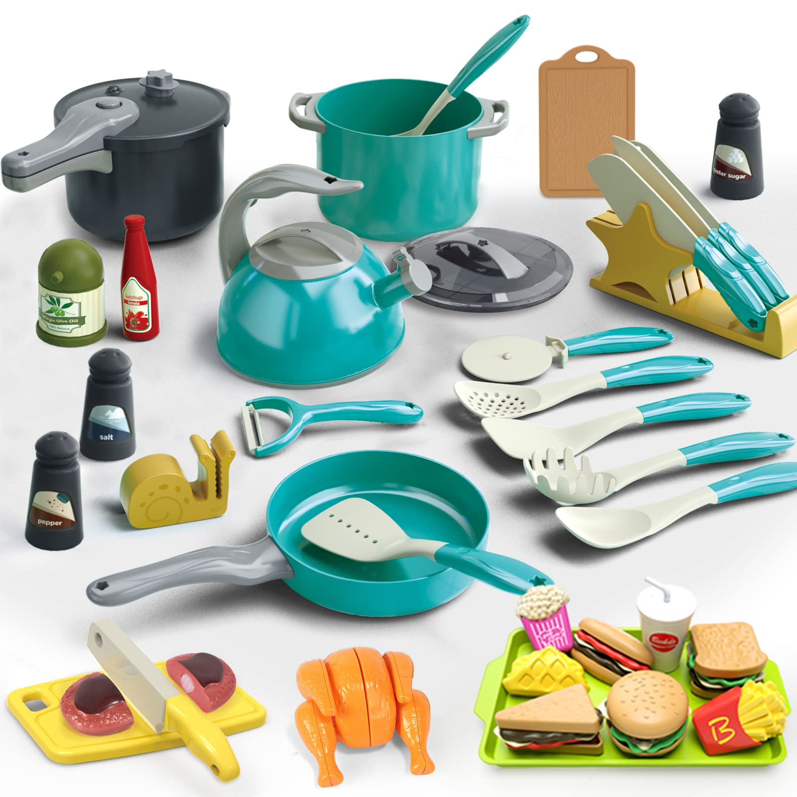 Zero Zoo 66Pcs Kids Kitchen Toy Accessories Set - Pretend Cooking Playset with Cookware, Toy Vegetables, Play Food, Burgers, Drinks & Utensils - Educational Gift for Toddlers & Preschoolers (Green) - Perfect for Imaginative Play, Role-Playing Games & Early Childhood Development