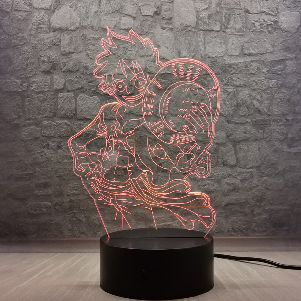 One Piece Luffy LED Night Light - Anime Straw Hat Boy Cartoon Desk Lamp with 7 Color Changing Modes, USB Cable & Touch Remote - Perfect for Kids Room Decor, Holiday Party Display & Anime Fan Gifts
