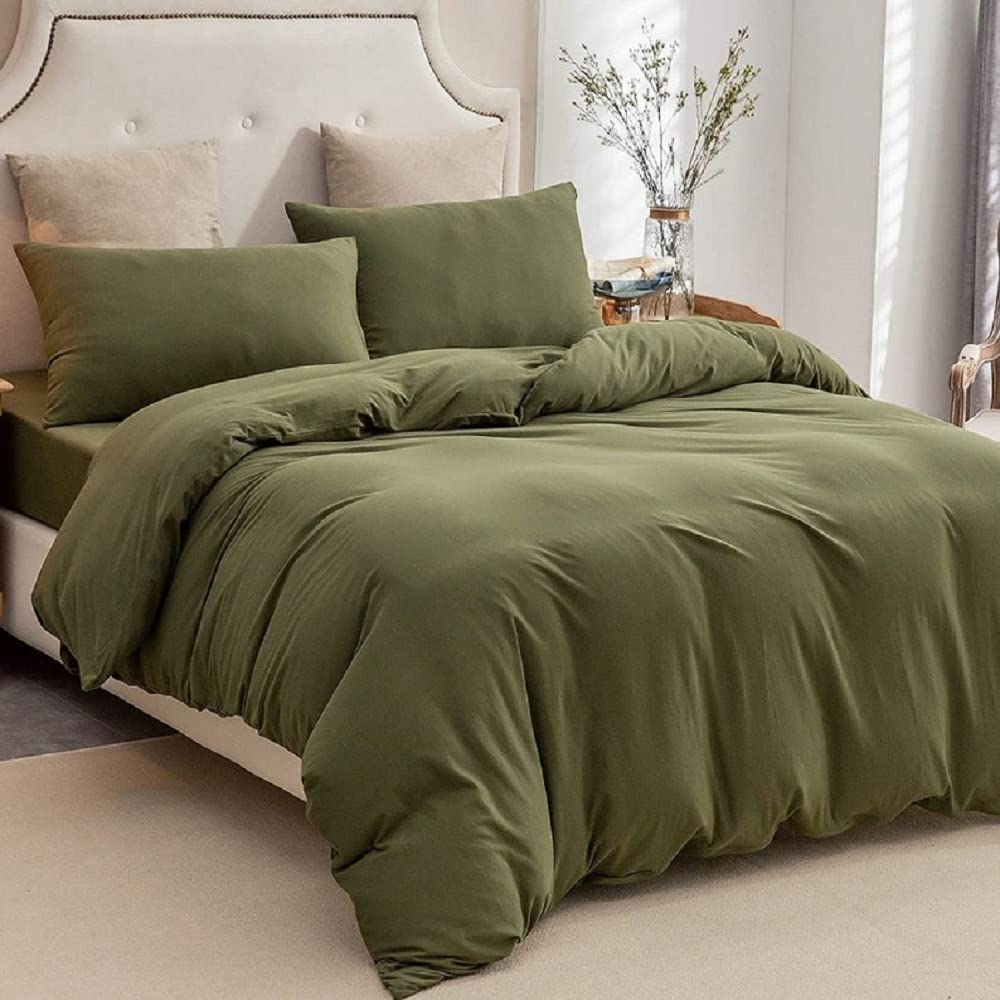 Olive Green Washed Cotton Duvet Cover Set - Queen, King, Full, Twin, California King Sizes - Soft & Breathable Bedding for Cozy Home Decor | Perfect for Guest Rooms, Master Bedrooms & Vacation Homes