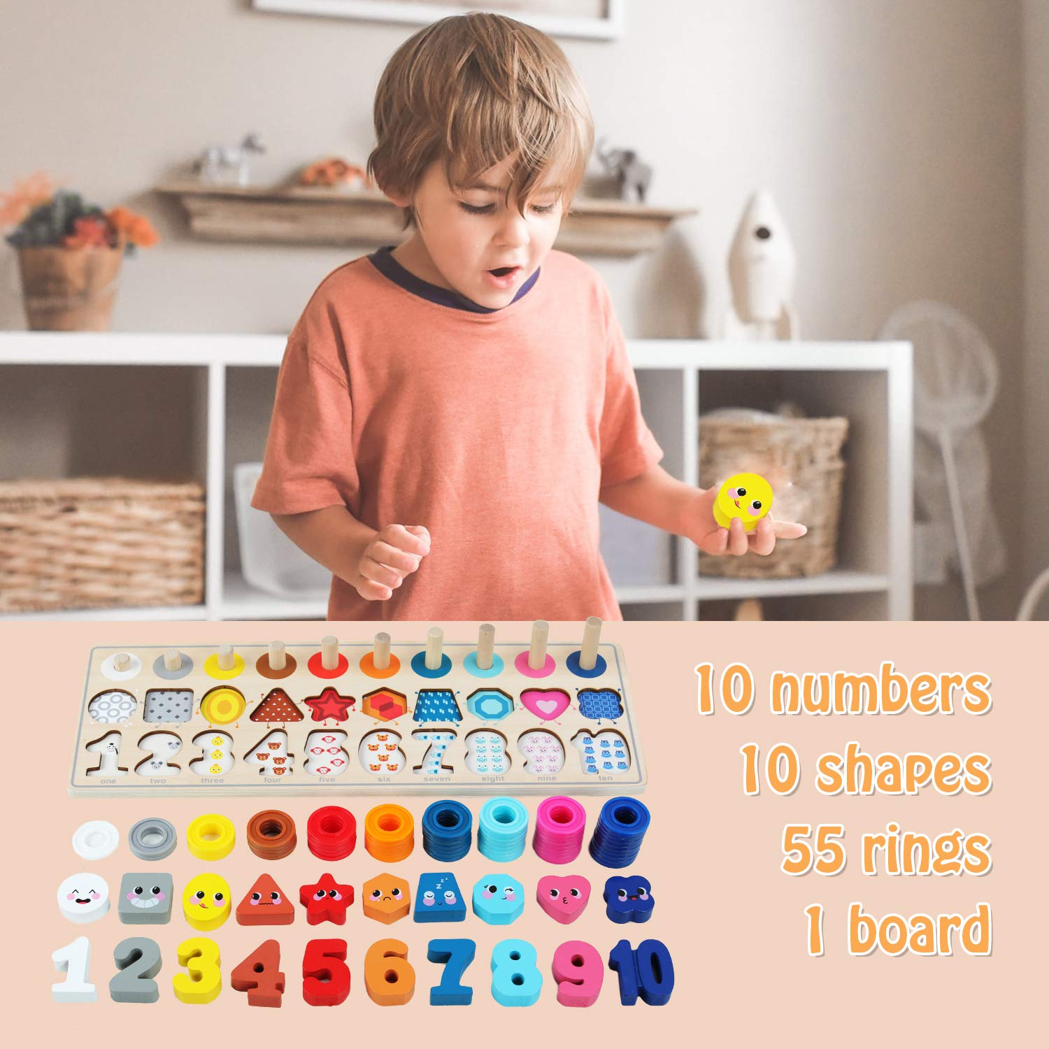 Montessori Wooden Toys for Kids - Number & Shape Stacking Game for Toddlers | Preschool Learning Math Blocks for Boys & Girls | Perfect Gift & Educational Play