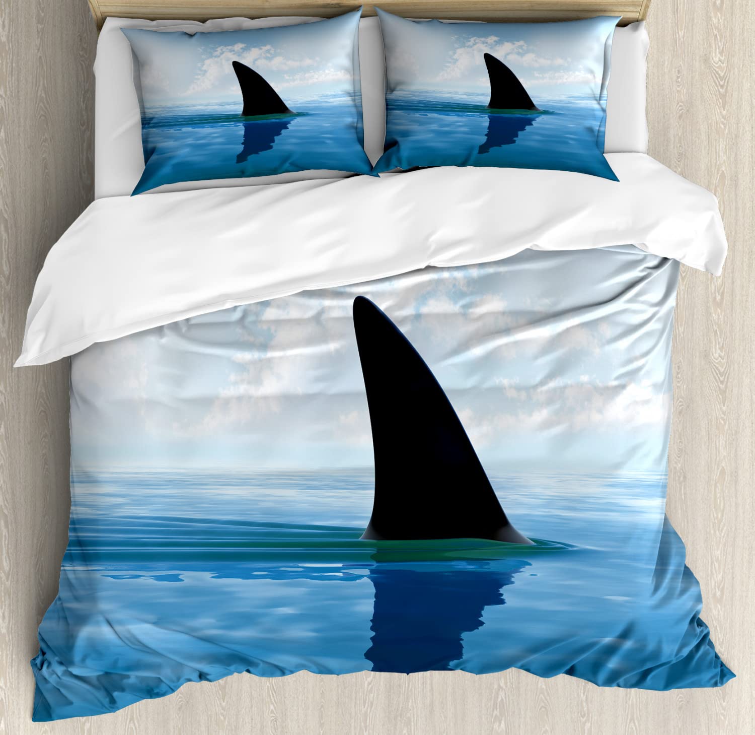Ambesonne Shark Duvet Cover Set - Queen Size 2-Pack with 4 Pillowcases | Ocean Danger Themed Shark Fin Design in Pale Blue Violet | Perfect for Shark Lovers' Bedroom Decor & Marine Theme Rooms