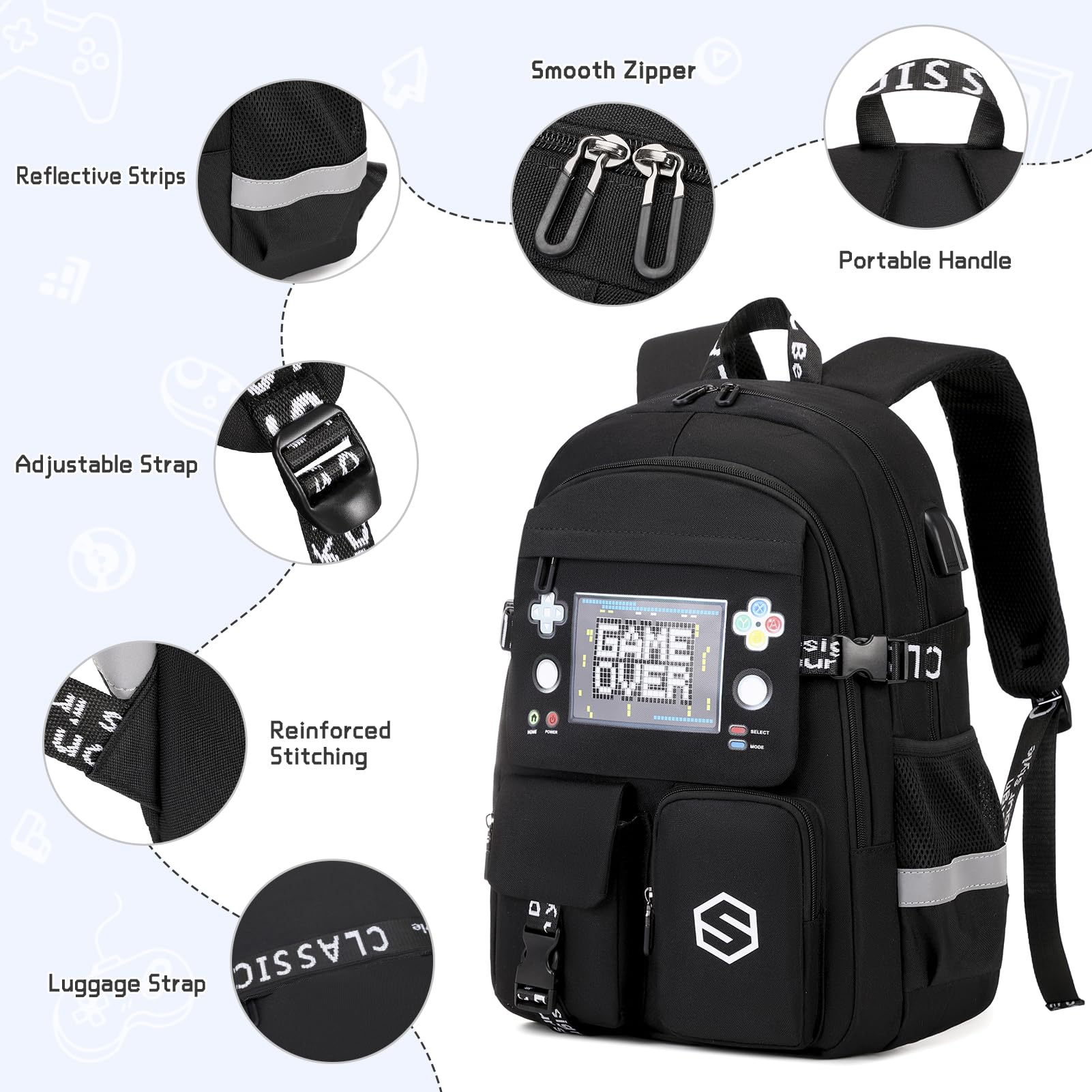 Cool Luminous Boys Backpack with USB Charging Port - Waterproof School Backpack for Kindergarten, Elementary & Middle School - Includes Lunch Bag & Pencil Case - Perfect for Teen Boys & Kids Daily Use, Travel & Outdoor Activities