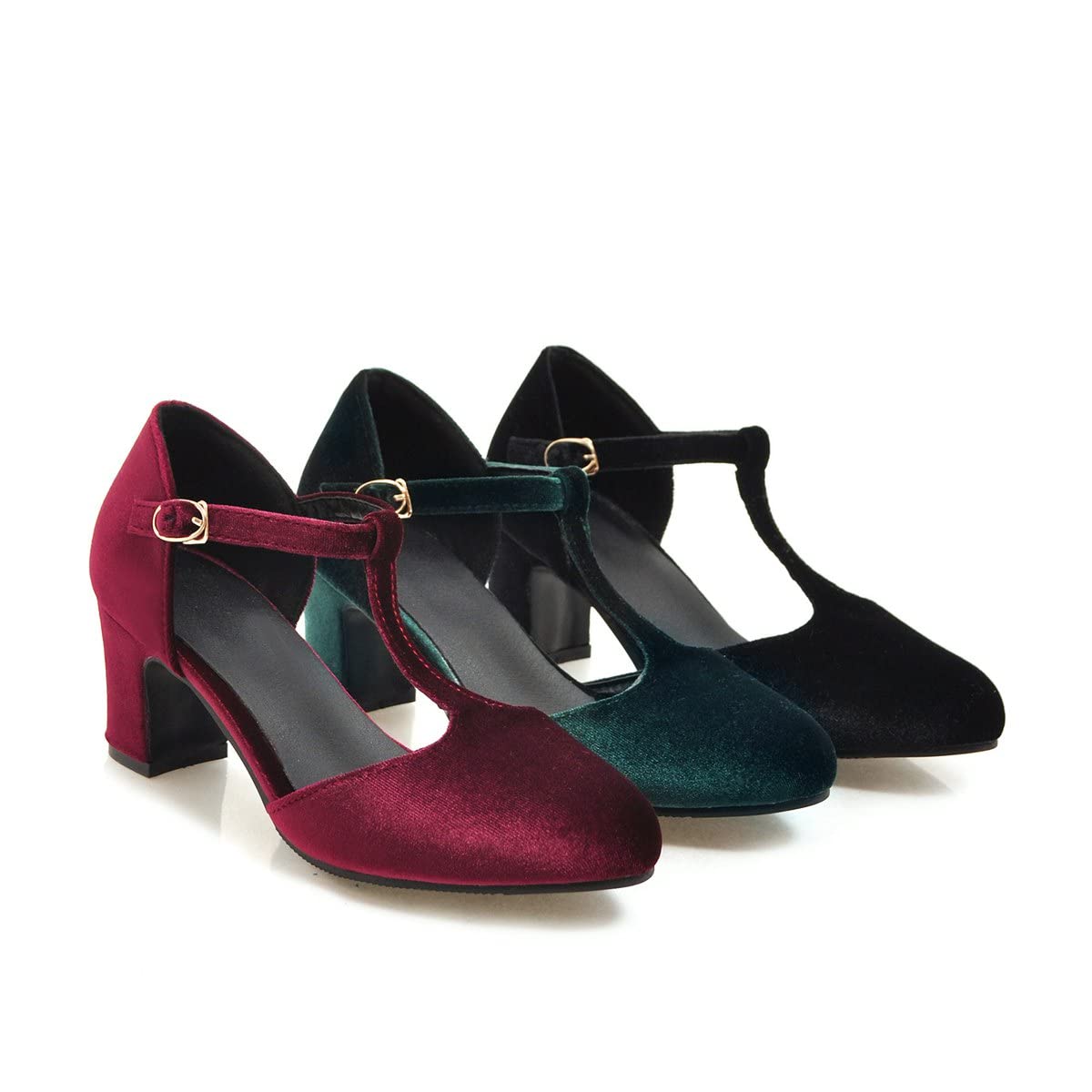 Women's T-Strap Chunky Heel Pumps - Velvet Block High Heels in Black & Green | Closed Toe Dress Shoes with Ankle Strap for Parties, Weddings & Evening Events