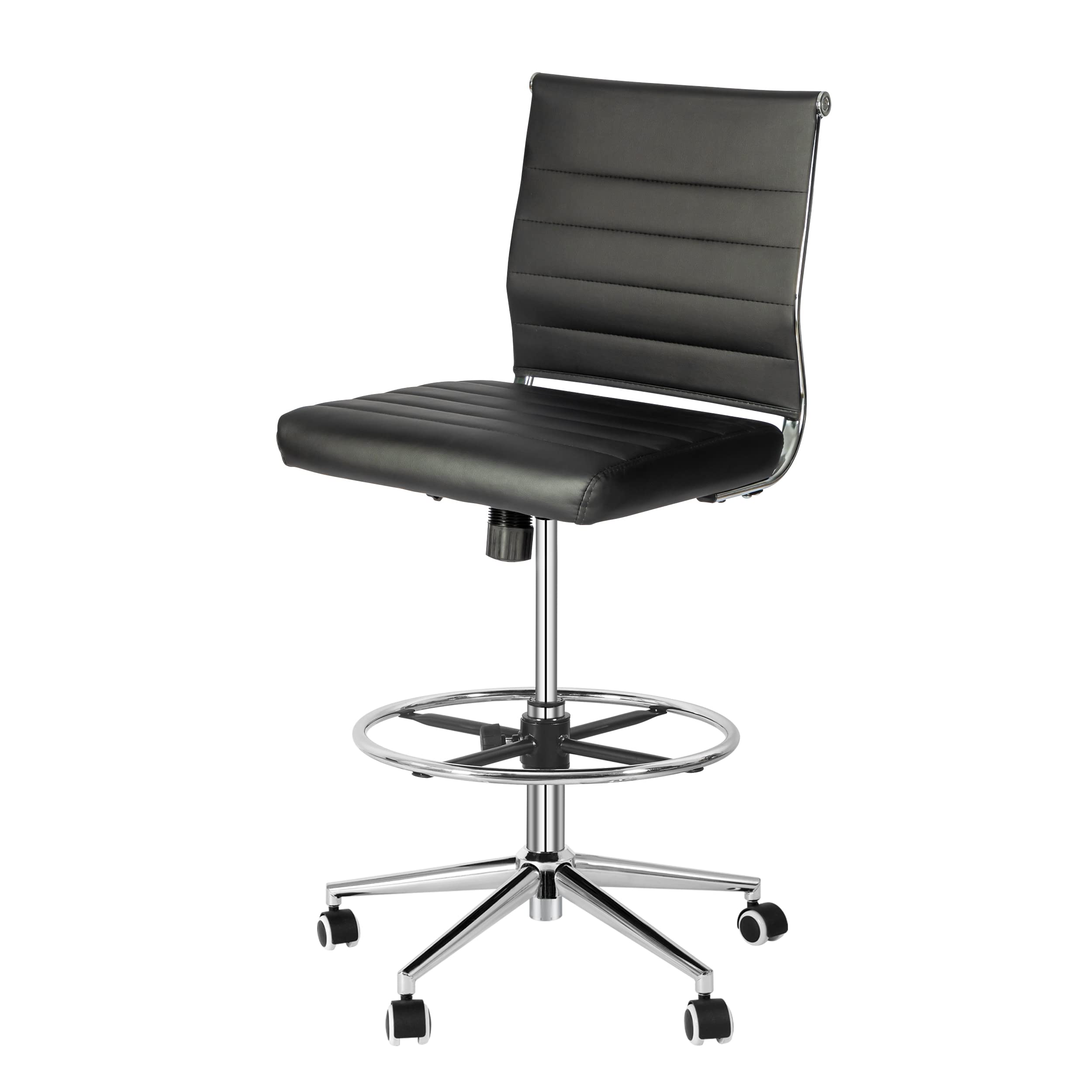 Okeysen Armless Drafting Chair - Adjustable Height PU Leather Office Chair for Standing Desks, Mid Back Support Rolling Stool with Footrest - Perfect for Home Office, Studio & Architectural Workspaces