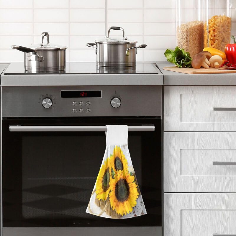 Sunflower Wooden Hanging Kitchen Towels - 2 Pack Absorbent Dish Cloths with Loops for Oven, Stove & Bathroom - Rustic Hand Towels for Summer Home Decor & Kitchen Use