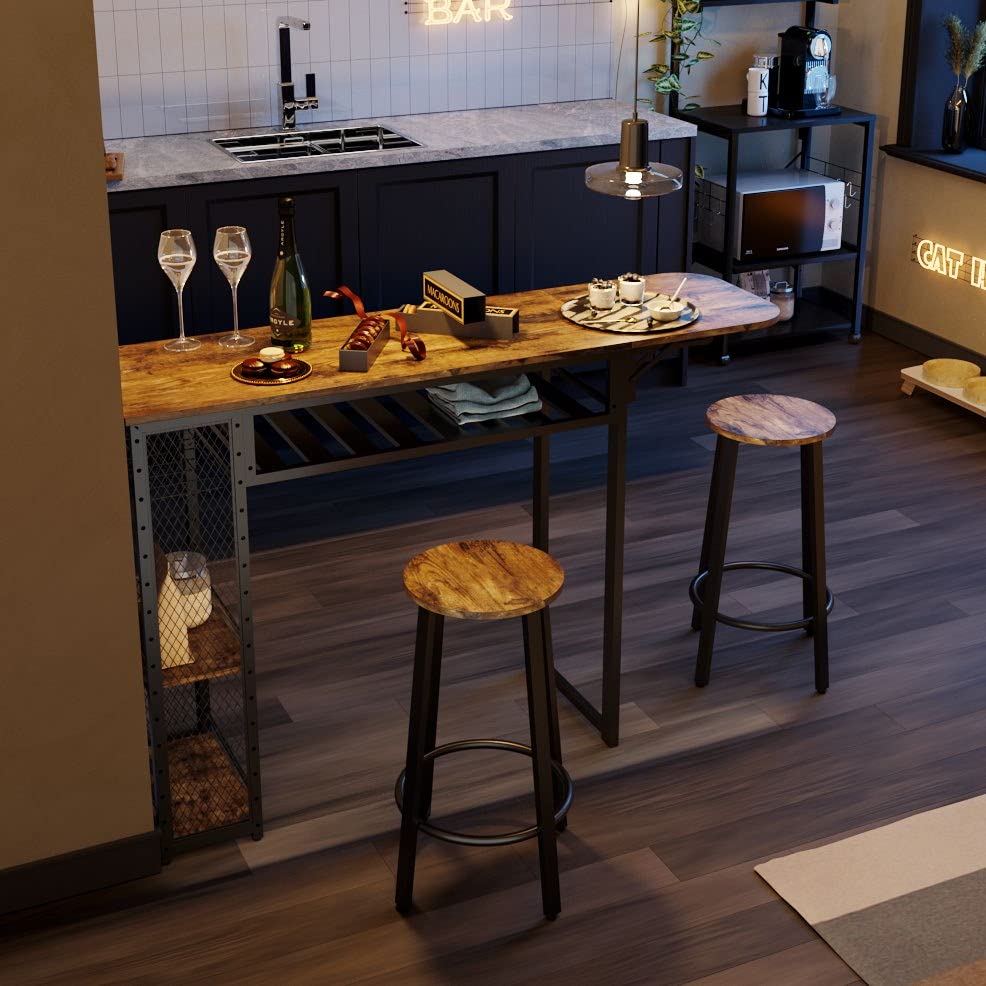 Bestier Expandable Bar Table and Chair Set with 2 Bar Stools, Industrial Kitchen Counter with Wine Rack & 3-Tier Adjustable Storage Shelves - Rustic Brown - Perfect for Small Spaces, Dining Rooms, Kitchen Islands, and Home Bars