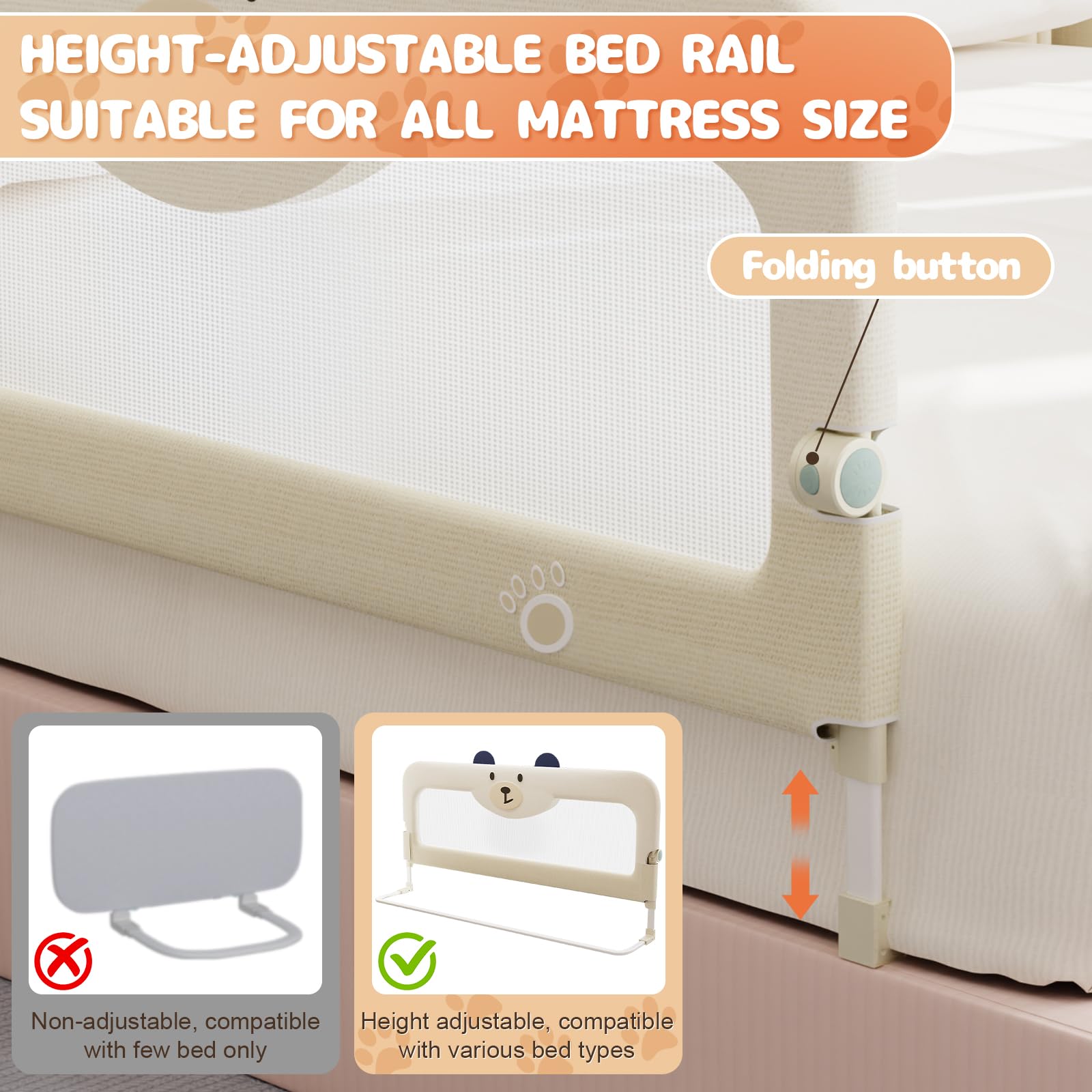 OMZER 32'' Swing Down & Height Adjustable Bed Guard Rail for Toddlers - Safety Bed Rail for Twin, Queen, King & Full Size Beds | Perfect for Babyproofing & Preventing Falls During Sleep