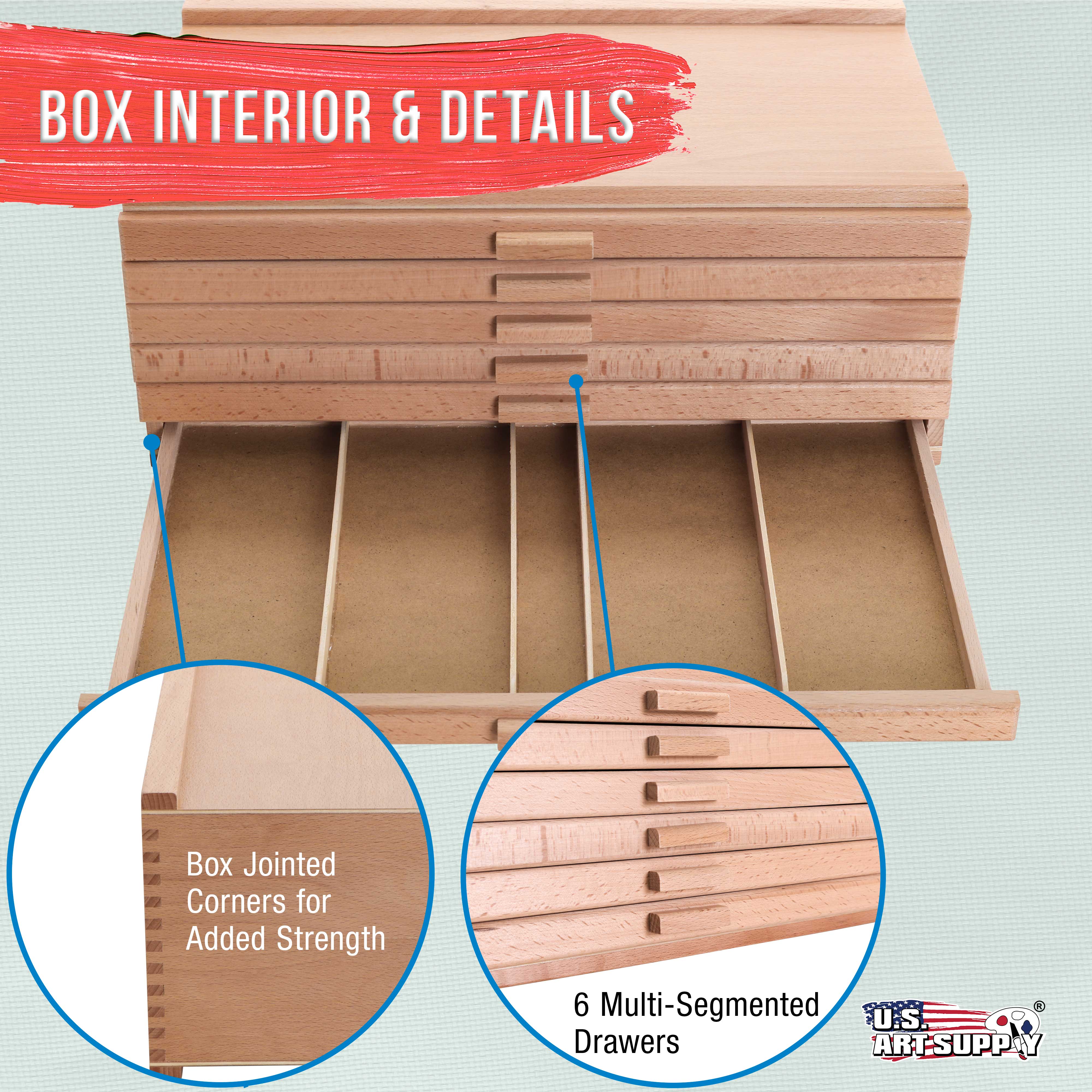 6-Drawer Artist Wood Storage Box for Pastels, Pens, Markers & Art Supplies - Elm Hardwood Construction with 5 Compartments per Drawer - Perfect for Drawing, Sketching & Blending Tools Organization