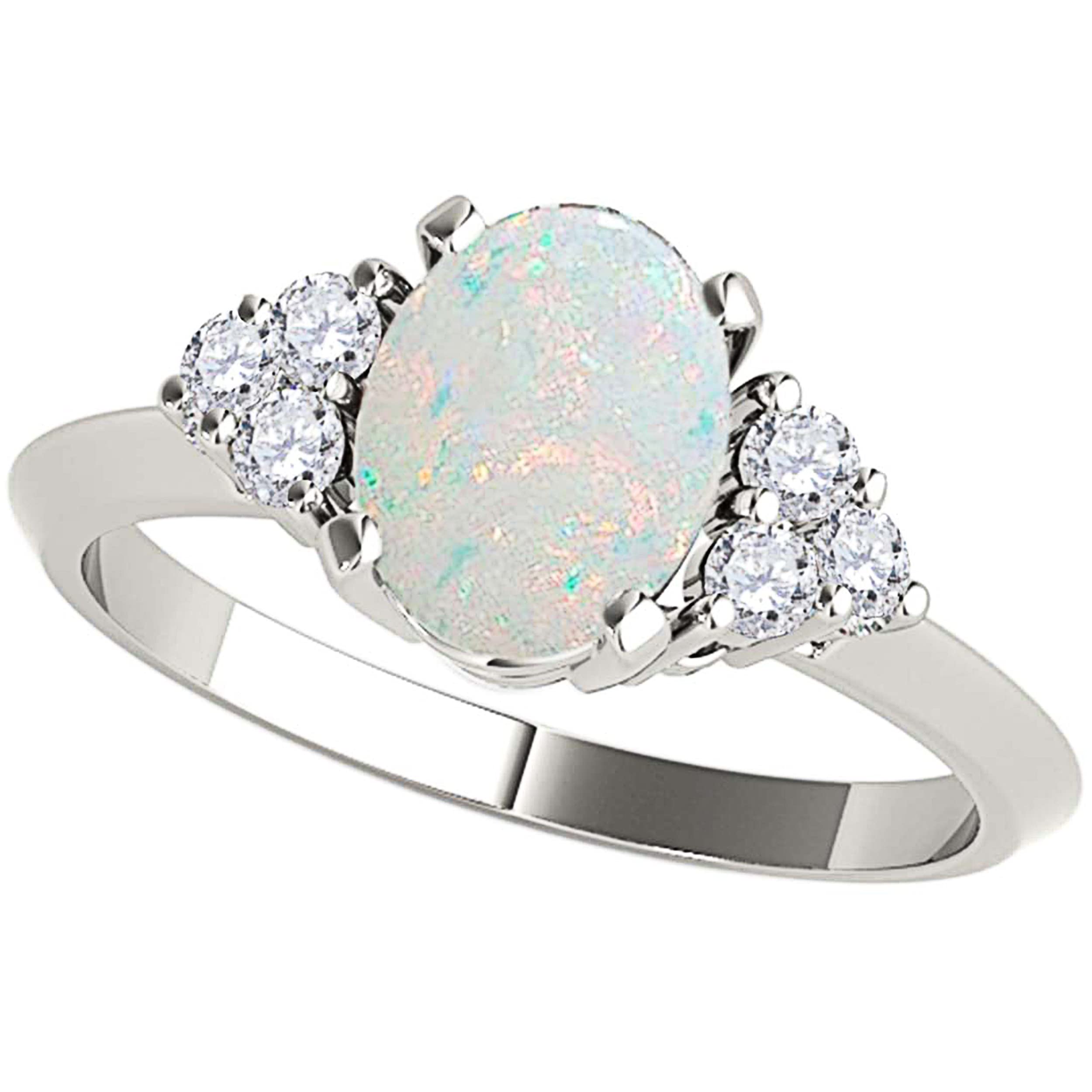 10K White Gold Opal & Diamond Engagement Ring for Women | 1.53 Carat Gray Round Cut Gemstone with Prong Setting | Wedding, Anniversary & Proposal Jewelry Gift | Elegant Bridal Jewelry Collection