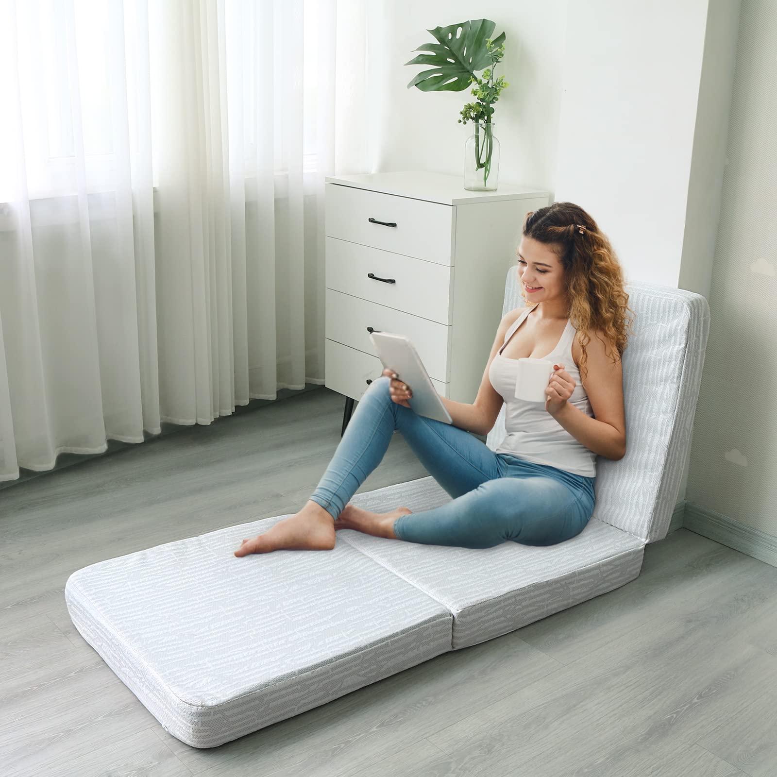 4-Inch Foldable Trifold Mattress for Futon - Bamboo Viscose Cooling Topper Cover, Removable & Machine Washable - Portable Floor Sofa Bed for Camping, Guest Room & Dorm - Non-Slip Design