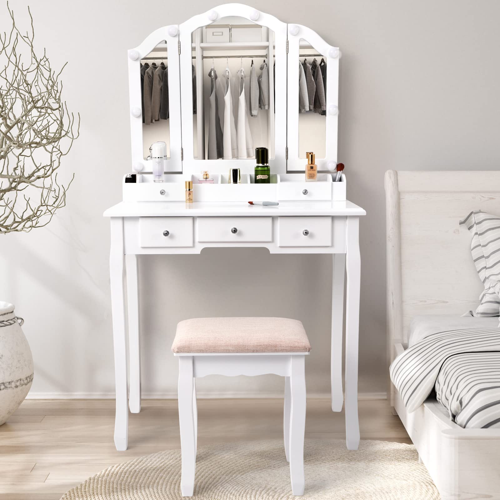 White Vanity Desk with Mirror and LED Lights - Makeup Vanity Table with Tri-Folding Mirror, Storage Drawers & Matching Chair | Perfect for Bedroom, Dressing Room & Home Beauty Salon