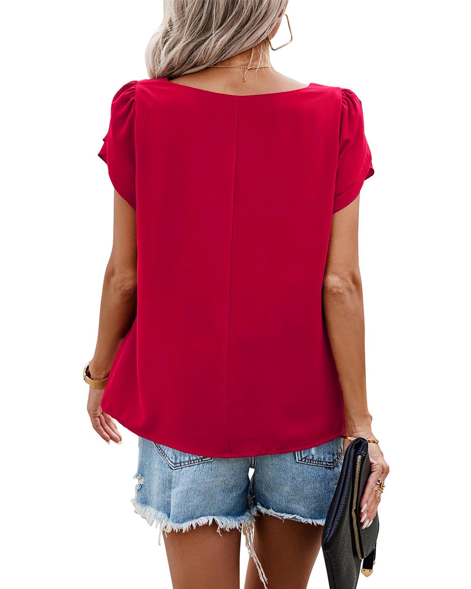 KIRUNDO Women's Tops 2025 Spring Summer Fashion - Ruffle Short Sleeve Blouse, Casual & Dressy Crewneck Shirt for Work, Office & Everyday Wear | Loose Fit Comfortable Summer Clothes