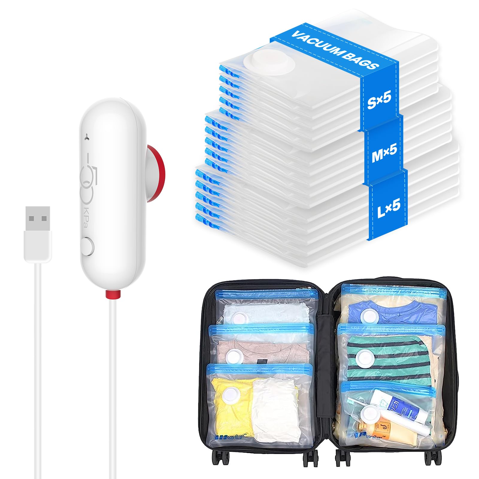 VMstr 15 Pack Travel Vacuum Storage Bags with USB Pump | Space Saving Compression Bags for Clothes & Travel Essentials | Perfect for Suitcase Organization & Seasonal Clothing Storage | Travel, Moving & Home Organization Solution