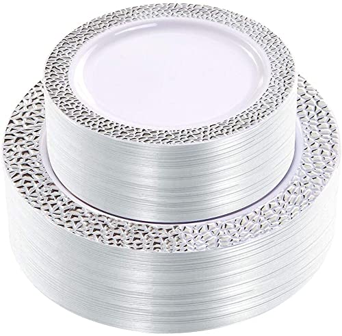 102-Piece Silver Plastic Plates & 90-Piece Silver Plastic Cutlery Set with 36 Silver Plastic Champagne Flutes - Elegant Disposable Tableware for Parties, Weddings, and Events
