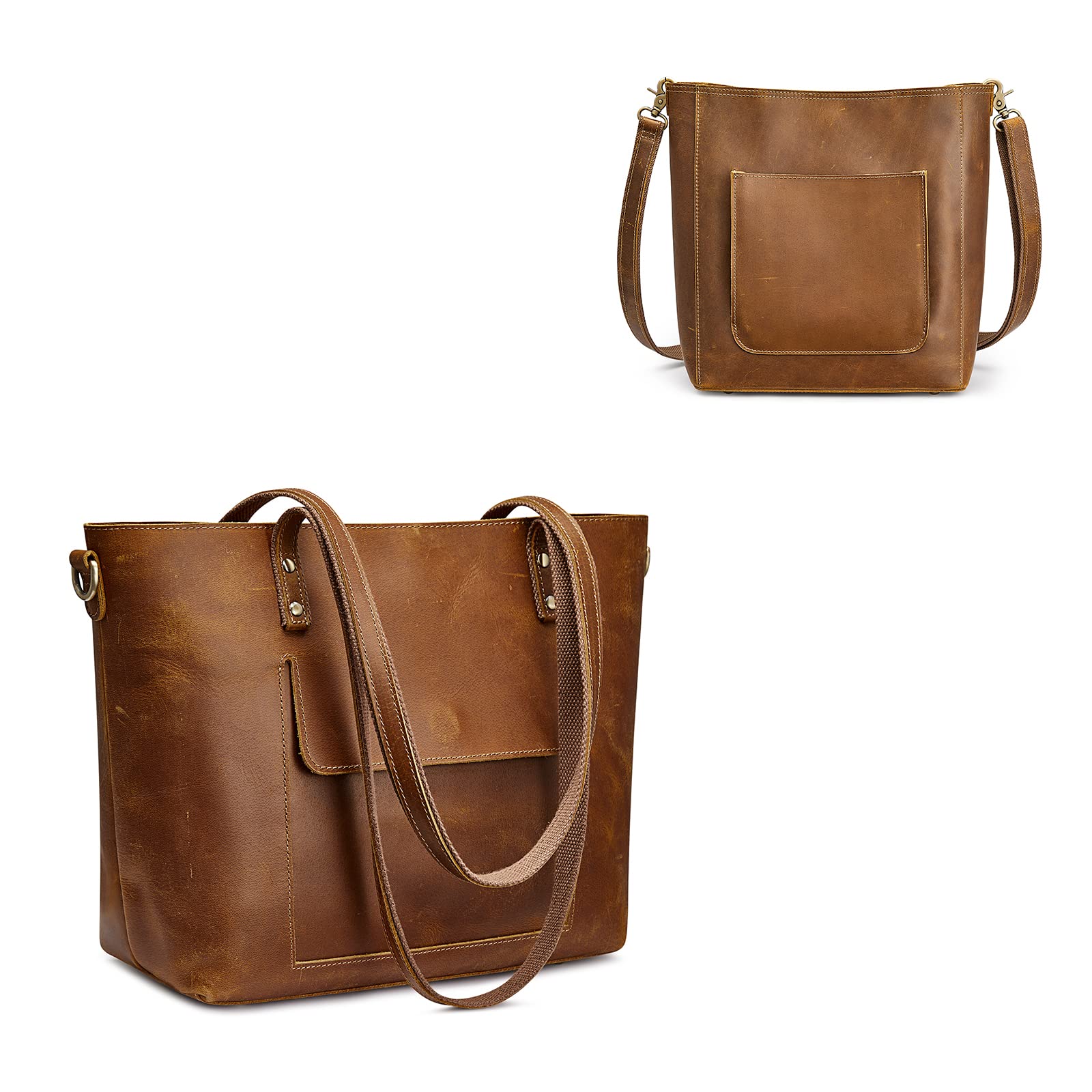 S-ZONE Women's Genuine Leather Tote Bag Set with Distressed Shoulder Bucket Purse - Stylish Handbag Bundle for Work, Travel & Everyday Use