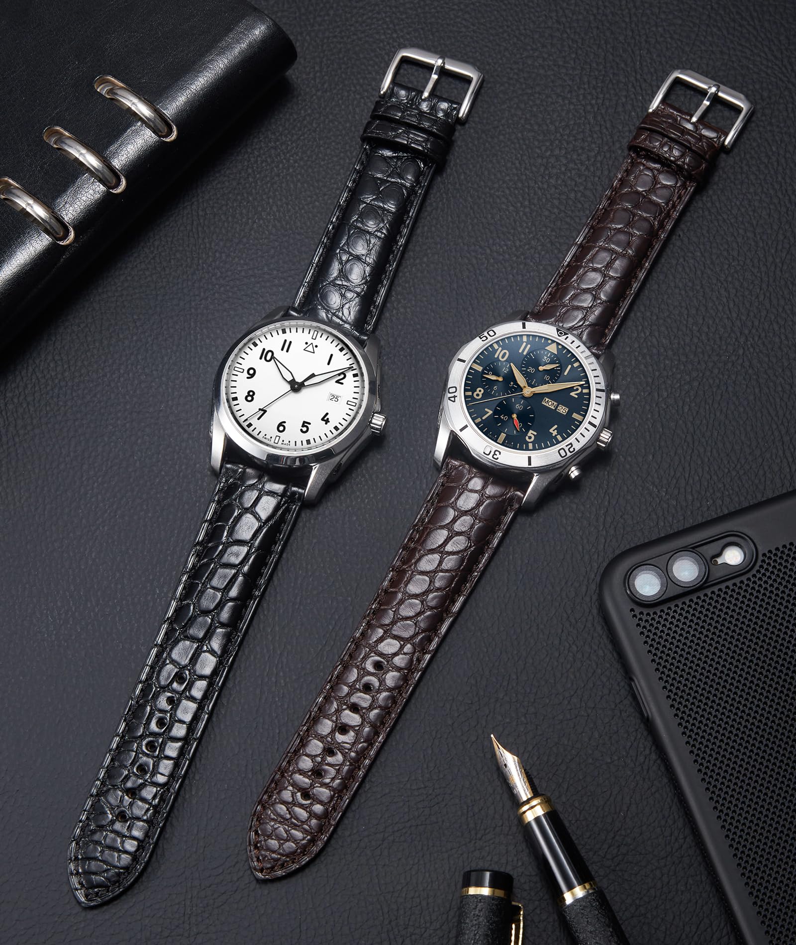 Premium BINLUN Alligator Grain Leather Watch Bands for Men & Women - Handmade Crocodile Pattern Quick Release Replacement Straps - Genuine Classic Leather Watchband with Stainless Steel Buckle (Black/Brown) - Perfect for Dress Watches, Business Attire & Everyday Wear
