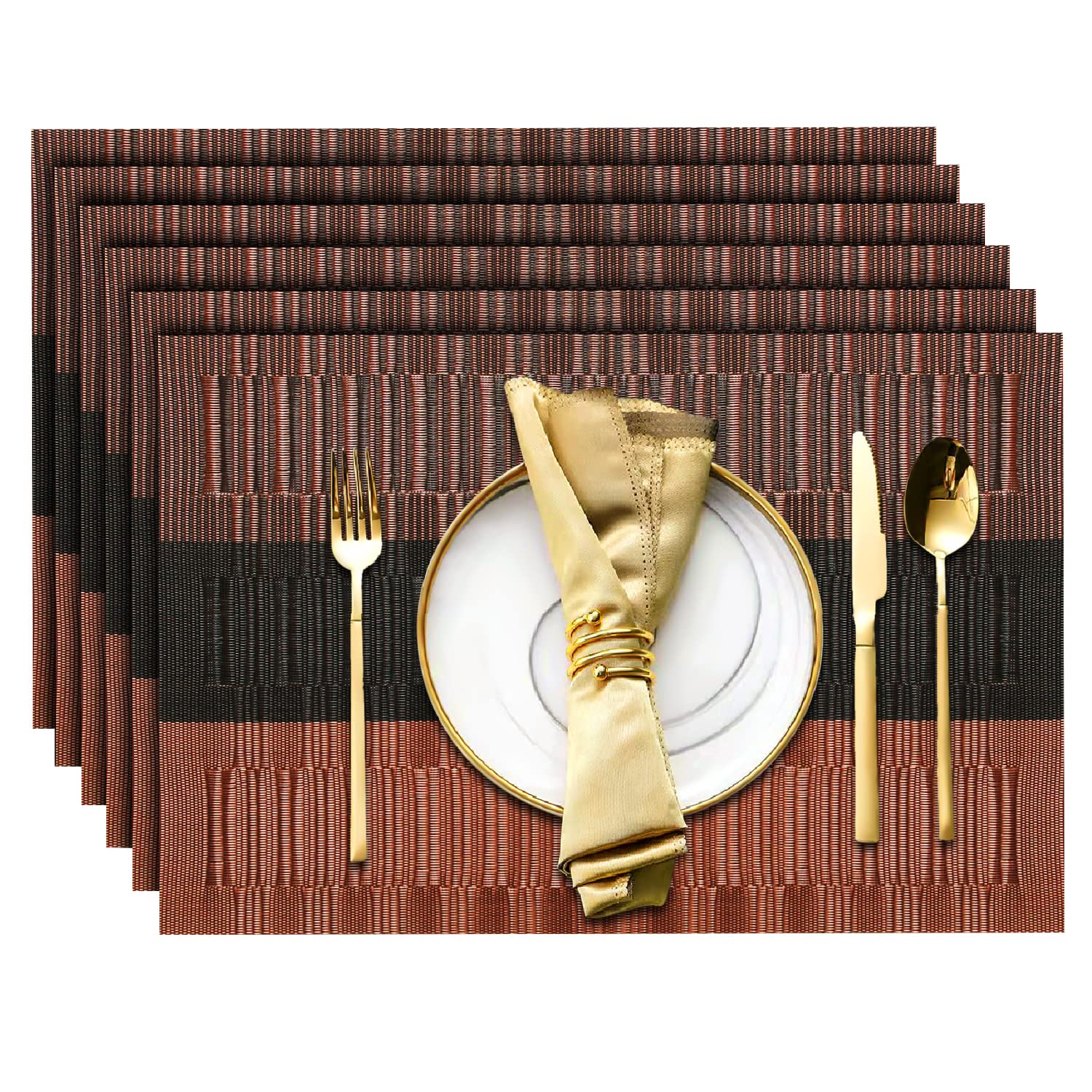 6-Pack Heat-Resistant Woven PVC Placemats - Non-Slip, Stain-Resistant & Washable Vinyl Table Mats for Kitchen Dining - Easy to Clean (Coffee-02) - Perfect for Everyday Meals, Dinner Parties & Holiday Gatherings