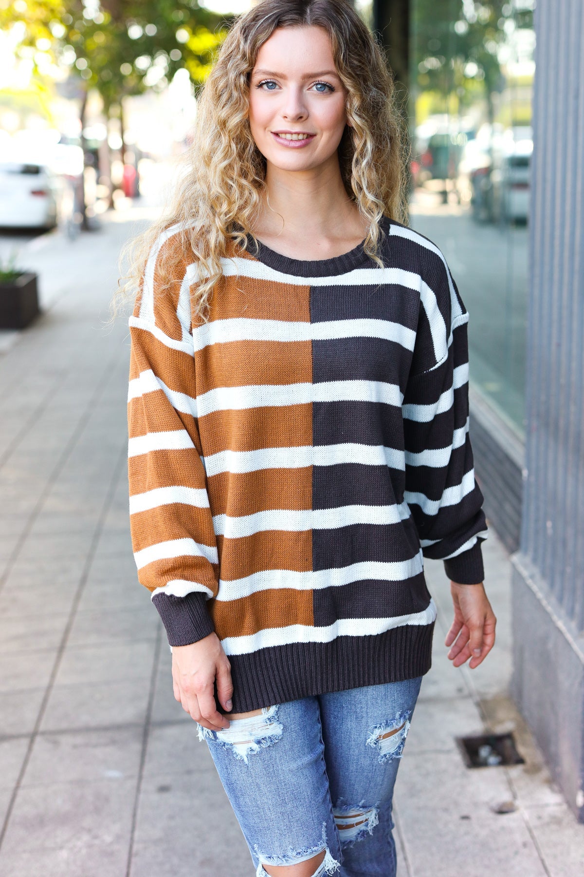 Camel & Charcoal Striped Color Block Sweater for Women | Cozy Knit Pullover | Fall Winter Fashion | Casual Office Wear & Weekend Outfits