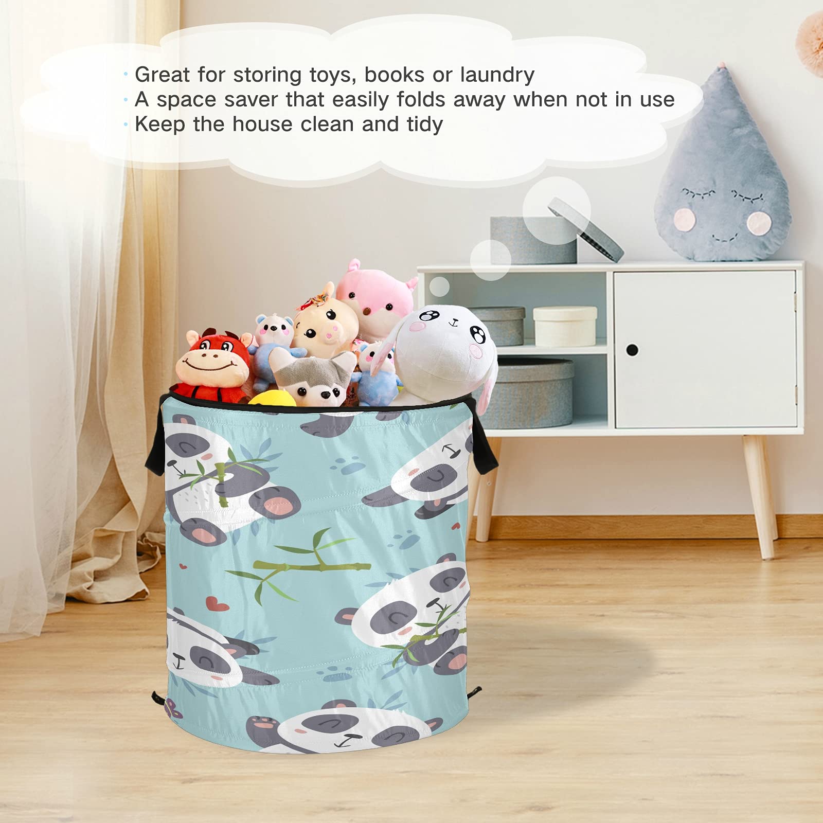 Xigua Foldable Panda Pop-Up Laundry Hamper with Zipper Lid - Portable Clothes Basket for Bedroom, Kids Room & Dorm - Perfect for Laundry Storage, Toy Organization & Travel Use