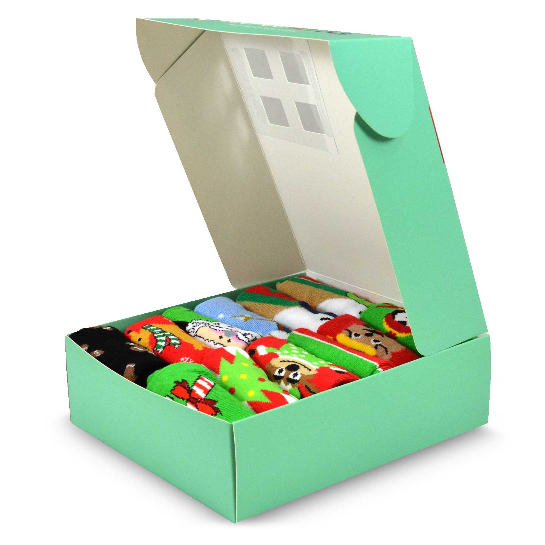 12-Pair Christmas Holiday Crew Socks for Kids - Fun Santa Snowman Gingerbread Polar Bear Designs - Unisex Gift Box Set for Boys & Girls - Perfect for Christmas Gifts, Stocking Stuffers & Winter Celebrations