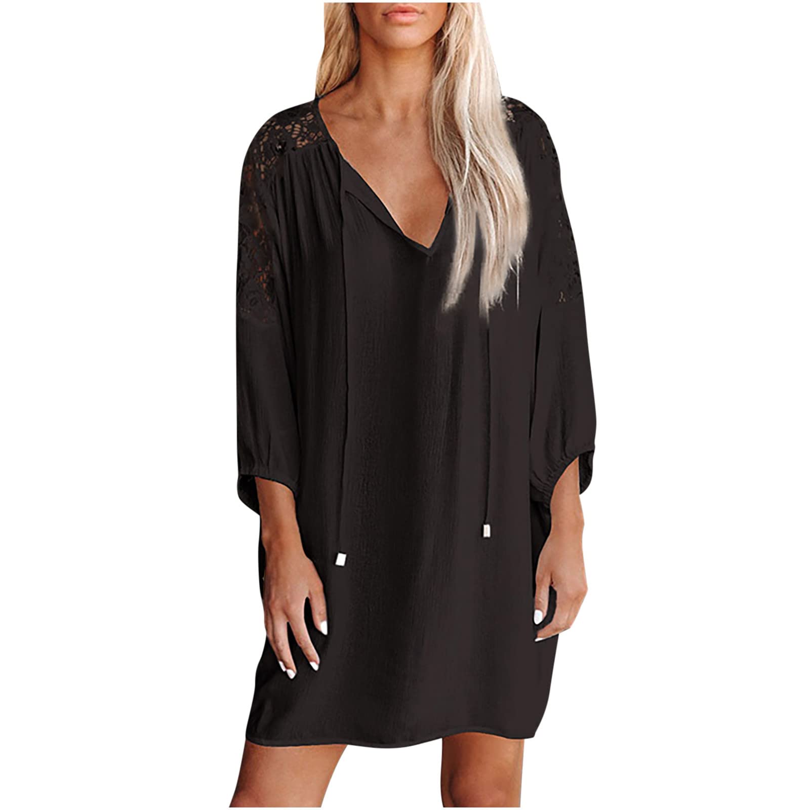 Elegant Long Sleeve Lace Dresses for Women - Sexy V-Neck Casual Mini Dress in Solid Colors | Perfect for Beach Outings, Date Nights & Spring Fashion