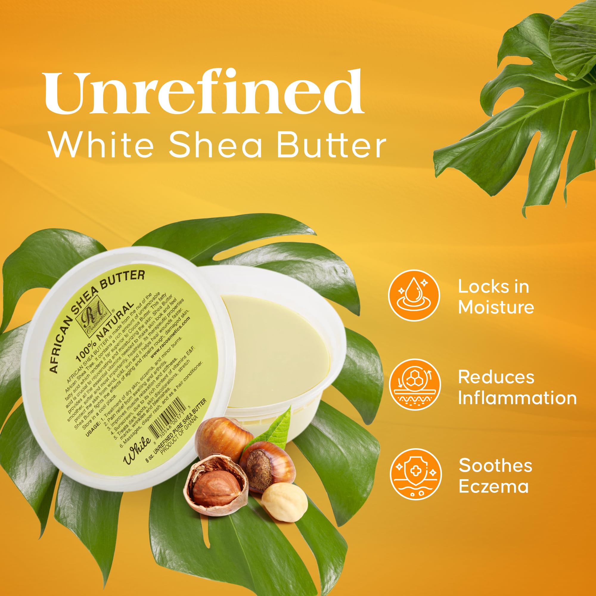 Pure Raw Unrefined African Shea Butter from Ghana - Ivory Color, 8oz Jar - Natural Moisturizer for Skin & Hair Care