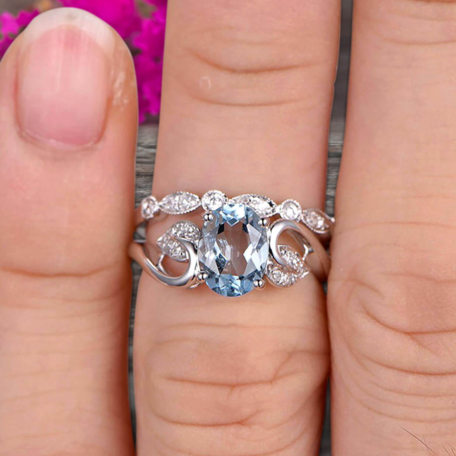1.50 Carat Oval Aquamarine & Moissanite Wedding Ring Set in 10K White Gold - Vintage Art Deco Bridal Stacking Rings for Engagement, Anniversary & Special Occasions