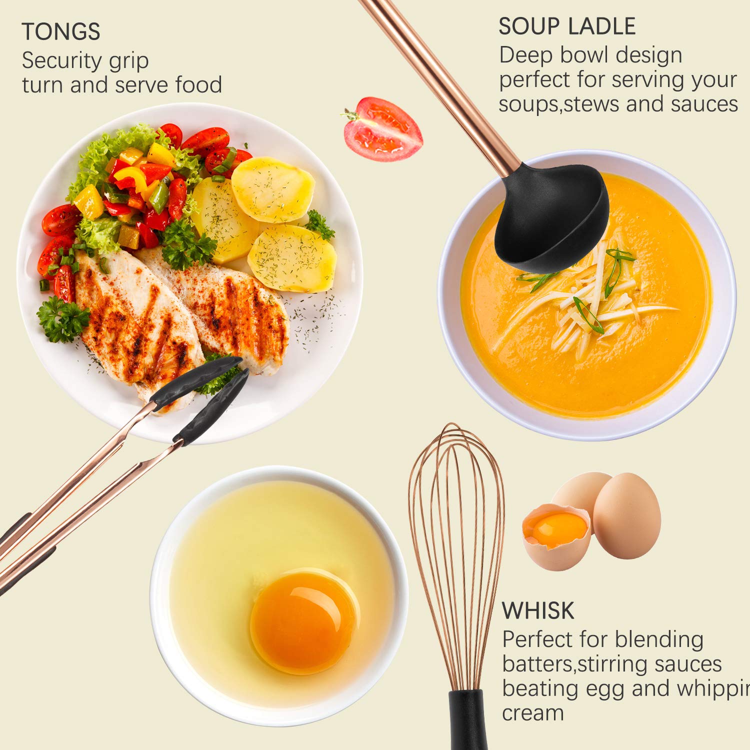 14-Piece Silicone Cooking Utensil Set with Holder - Non-Stick, Heat Resistant Kitchen Tools (Gold Black) - BPA Free, Non-Toxic Cookware for Baking, Frying & Everyday Cooking - Includes Turner, Tongs, Spatula & Spoon with Stainless Steel Handles