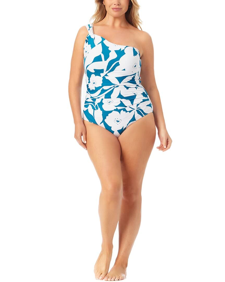 Anne Cole Plus Size One Shoulder Twist One-Piece Swimsuit - Teal Floral Print Size 18W - Flattering Swimwear for Curvy Women, Beach Vacation & Pool Party