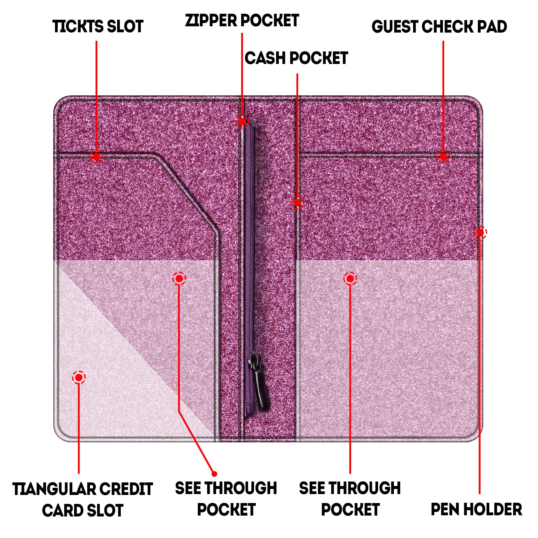 Glitter Leather Waiter Book Server Wallet with Zipper & Money Pocket - Cute Waitress Organizer for Tips, Orders & Pens | Perfect for Restaurant Servers, Hostesses & Bar Staff