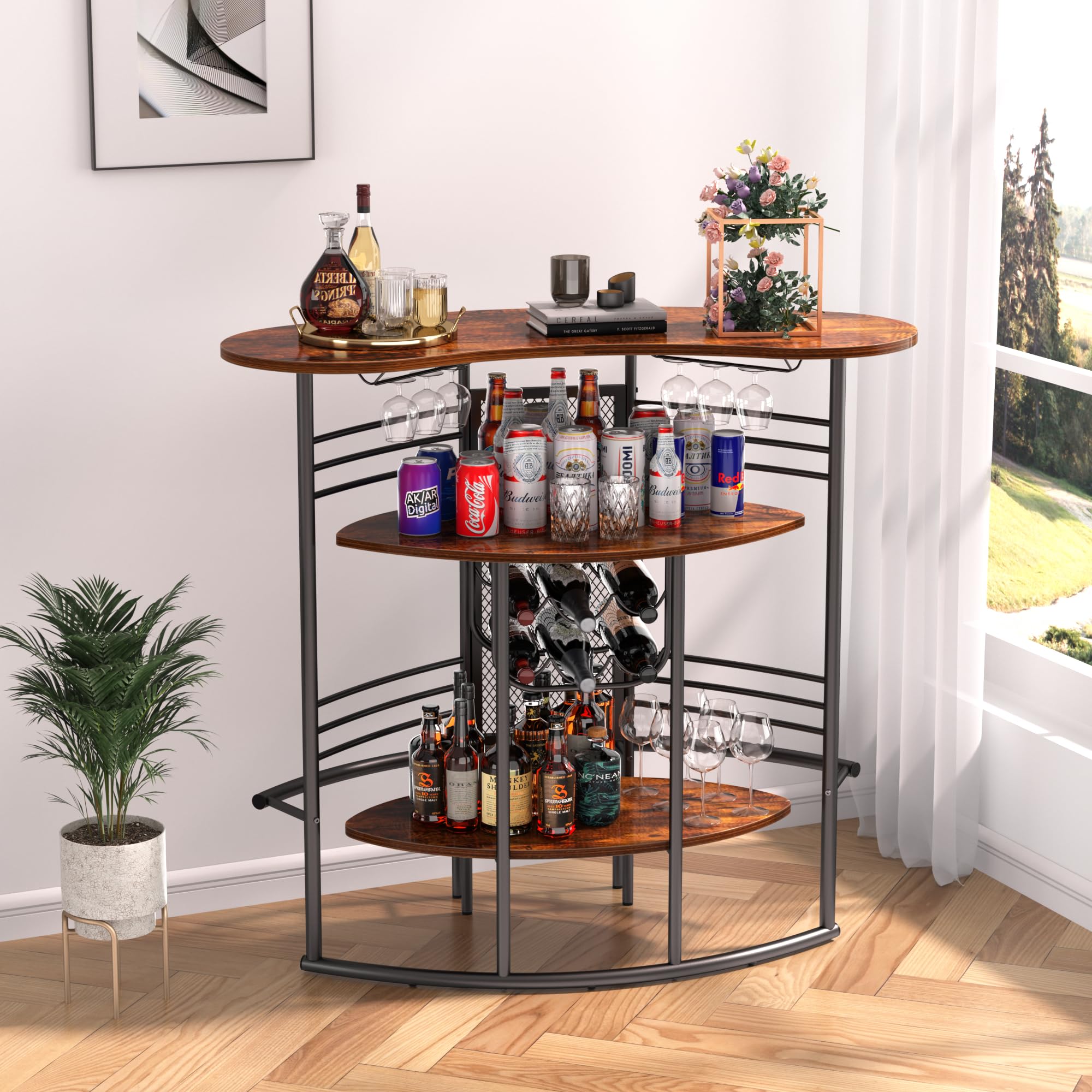 Modern Industrial Bar Cabinet with Storage Shelves - Freestanding Wood Liquor Cabinet for Home, Kitchen, Living & Dining Room - Perfect for Entertaining, Small Space Storage & Home Bar Setup (Brown)