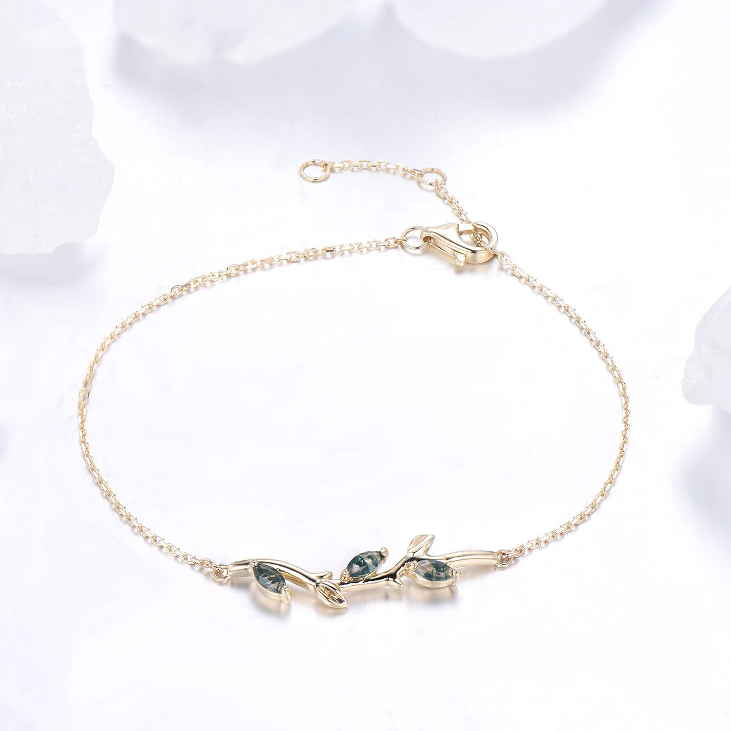 Elegant Marquise Cut Moss Agate Bracelet with Leaf Vine Design - Green Crystal Nature-Inspired Stackable Bracelet for Women | Perfect Anniversary Gift, Boho Jewelry for Everyday Wear & Special Occasions