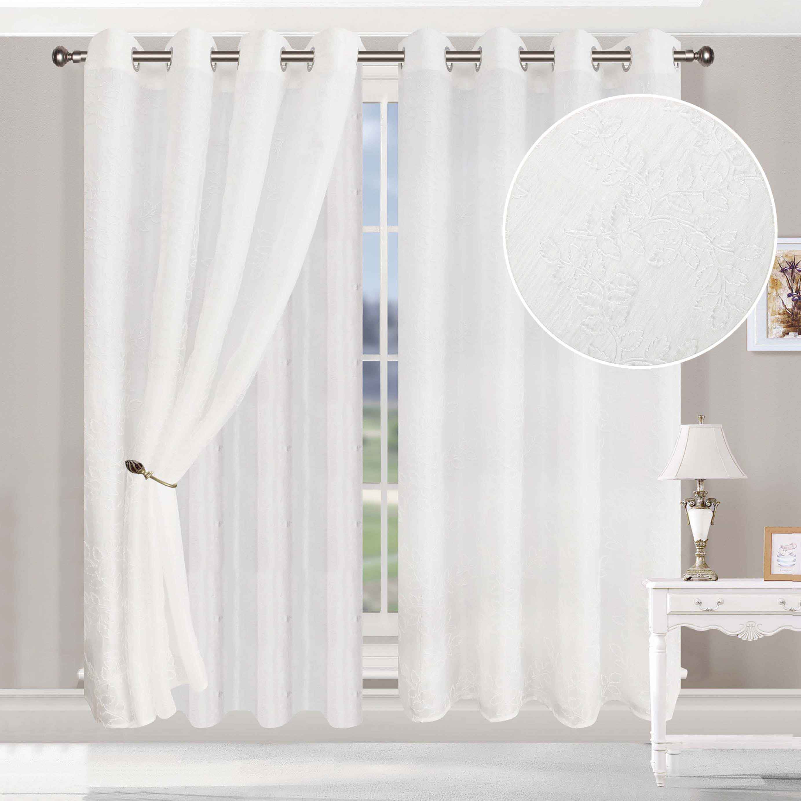 Embroidered Leaves Grommet Curtains - 2-Panel Sheer Window Drapes for Living Room & Bedroom - Light Filtering Layered Curtain Set for Home Decor