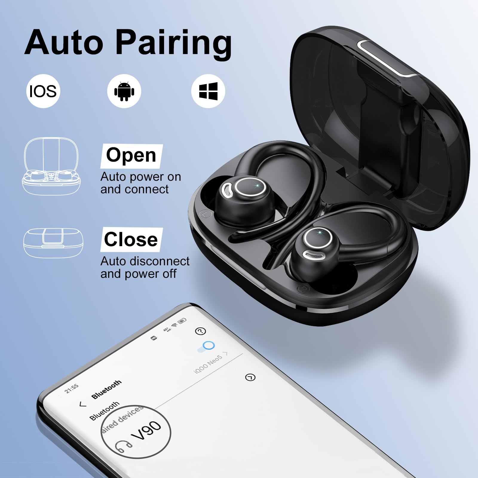 Wireless Bluetooth 5.3 Earbuds with Earhooks - 48H Playtime, Deep Bass Stereo Sound, HD Mic & IP7 Waterproof - Sport Headphones for Running, Workout, Gym, Travel & Daily Use