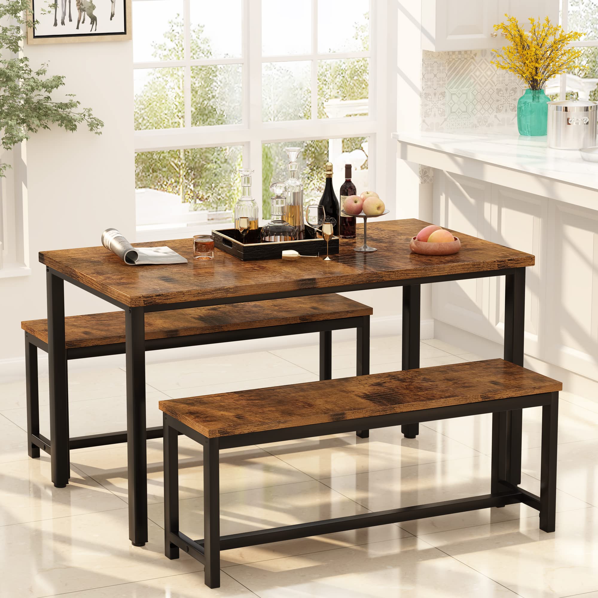 Rustic Brown AWQM Dining Table Set with 2 Benches - 47.2x28.7x28.7 Inch Kitchen Table & 40.5x11x17.7 Inch Benches - Perfect for Small Space Dining Rooms, Breakfast Nooks & Farmhouse Kitchens