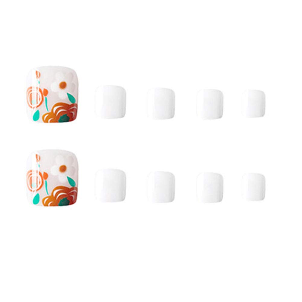 HUJL 24pcs Short White False Toe Nails with Cute Flower Design - Artificial Nail Tools for Foot Decoration & Full Manicure - Perfect for Pedicures, Nail Art, Salon Use and Home Manicure