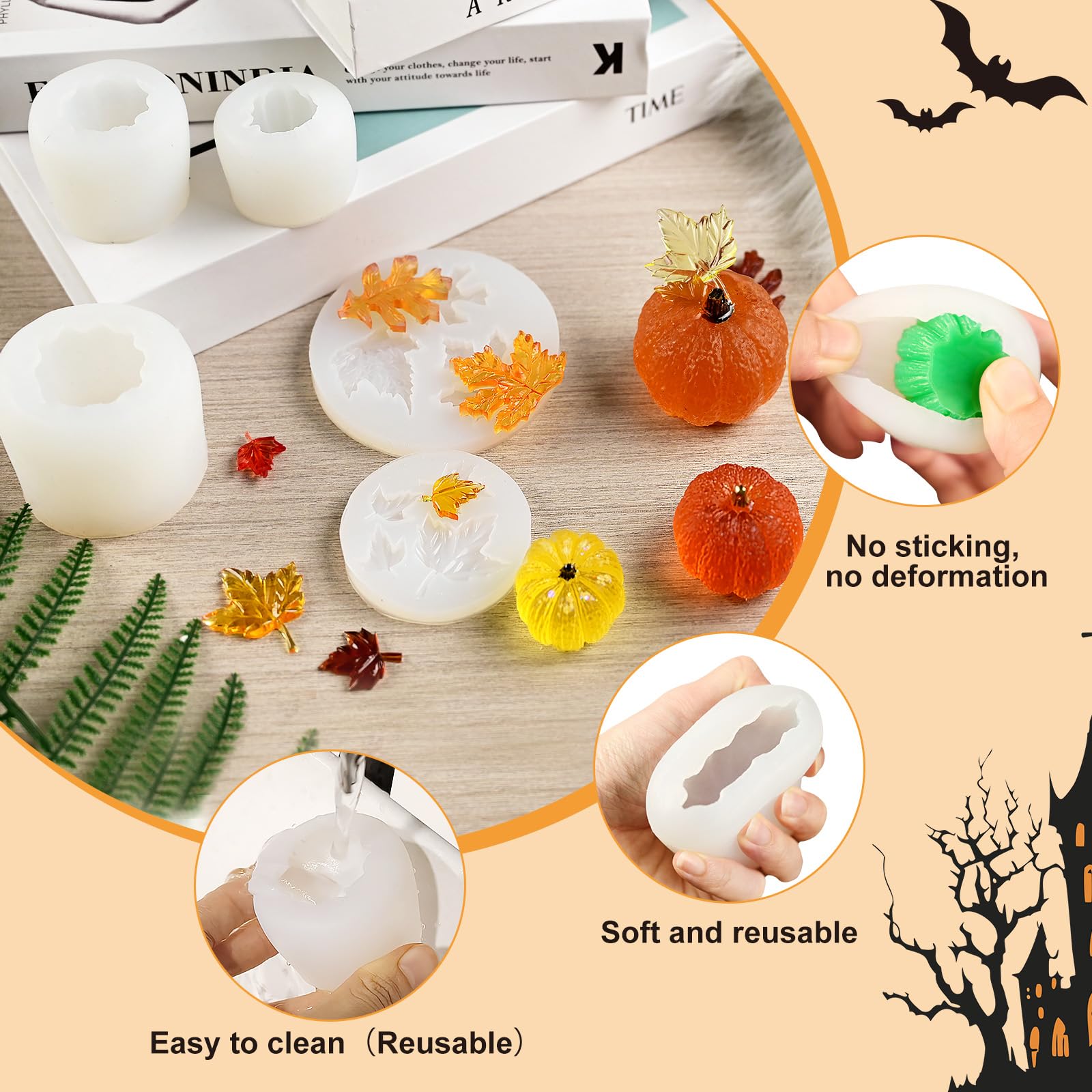 (5Pcs) 3D Pumpkin Silicone Molds with Maple Leaf - Halloween Candle Making Kit for DIY Epoxy Resin, Soap & Home Decor - Perfect for Fall Thanksgiving Crafts, Party Favors & Seasonal Centerpieces