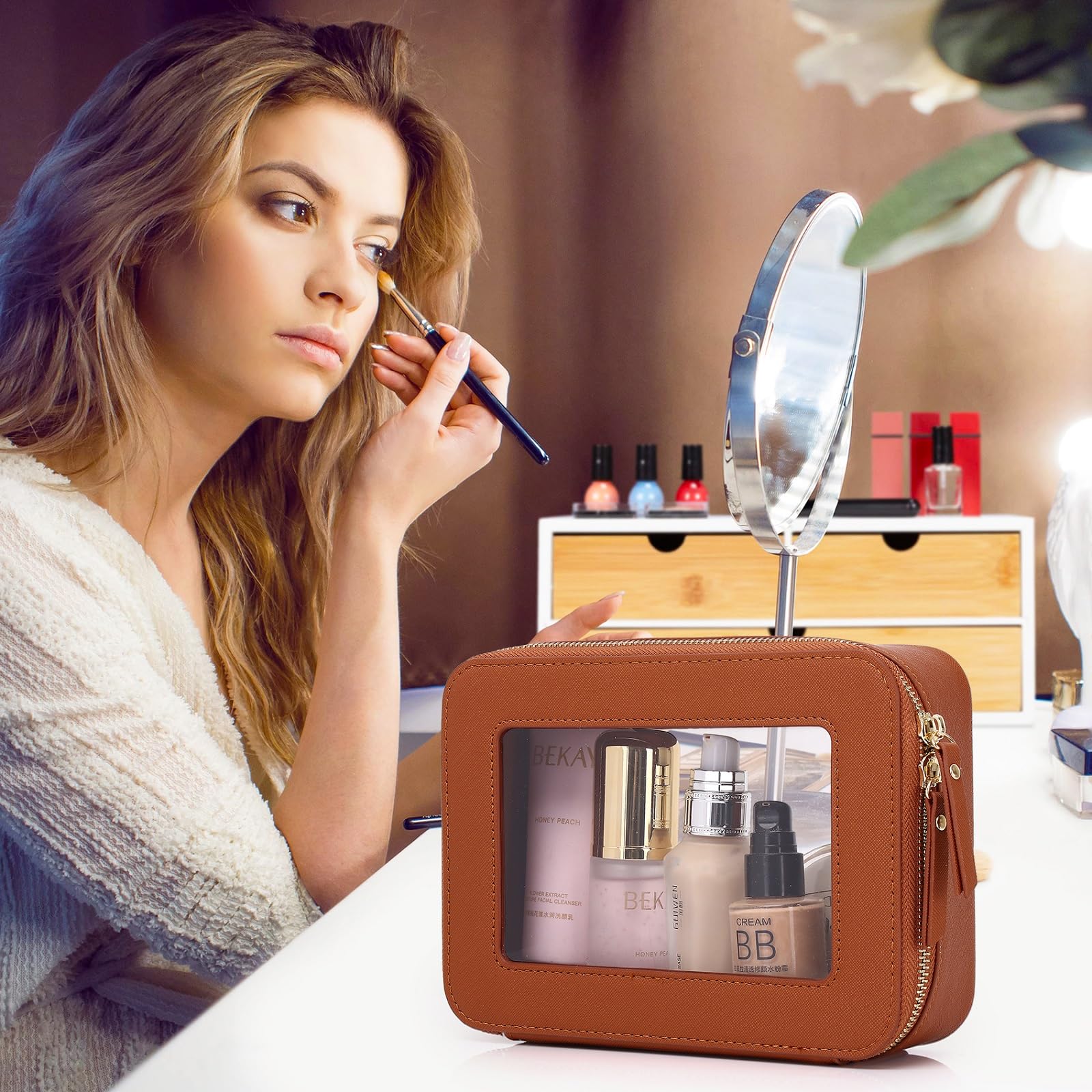 Waterproof Clear Makeup Bag for Travel - Zippered Cosmetic & Toiletries Organizer for Women - Transparent Travel Case with Zipper (X/Brown, M+MINI) - Perfect for Airplane Carry-On, Gym Essentials & Daily Purse Organization
