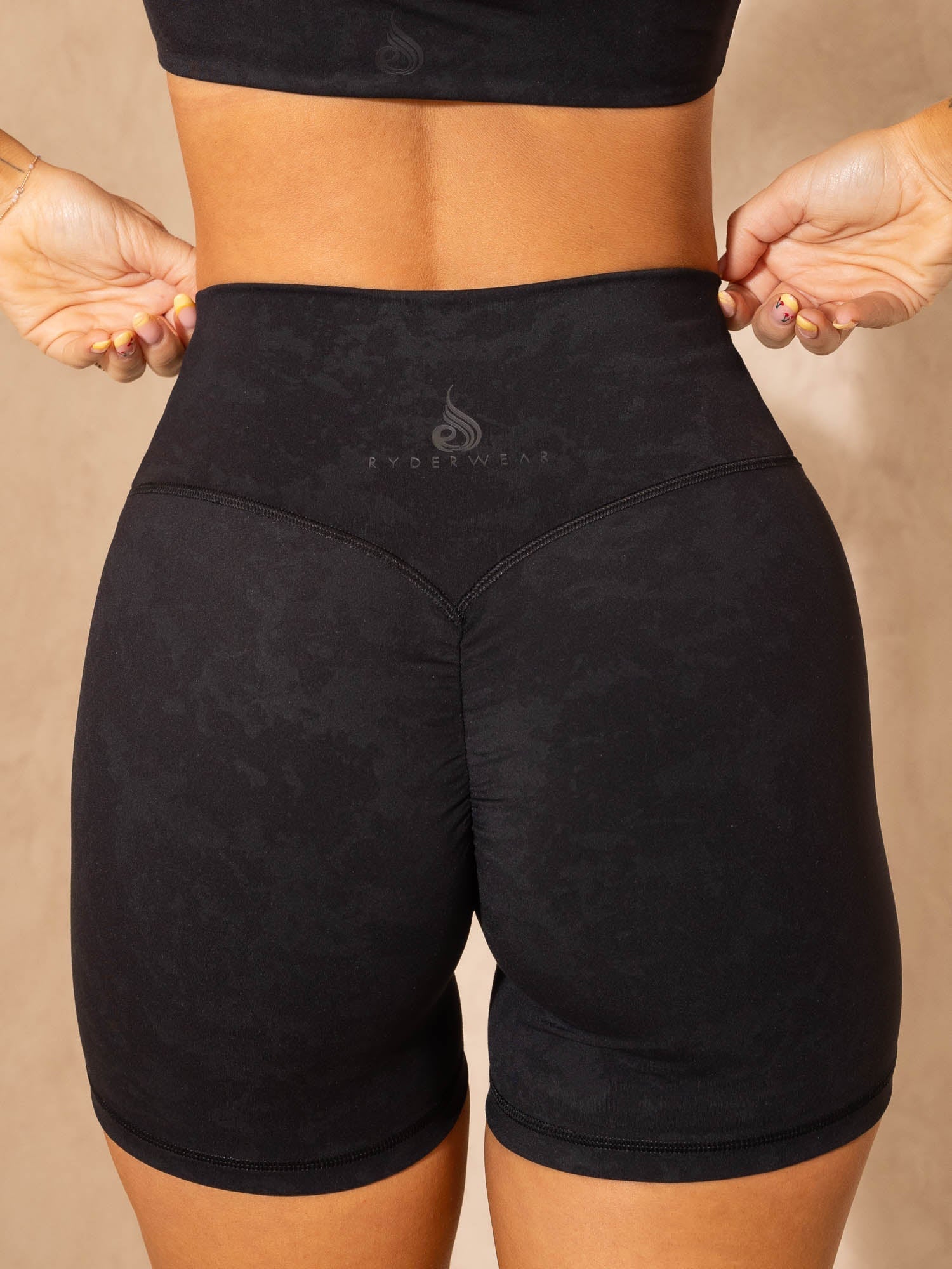 NKD Stonewash Crossover Scrunch Shorts - Black Stonewash | Comfortable Workout & Lounge Shorts for Women | Perfect for Yoga, Running & Casual Wear