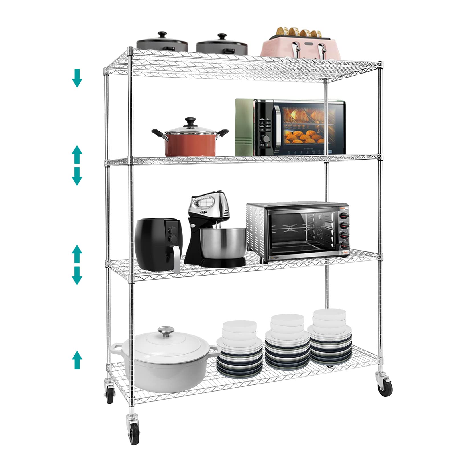 Heavy Duty 4-Tier Metal Wire Shelving with Wheels - NSF Commercial Grade Chrome Storage Rack (59