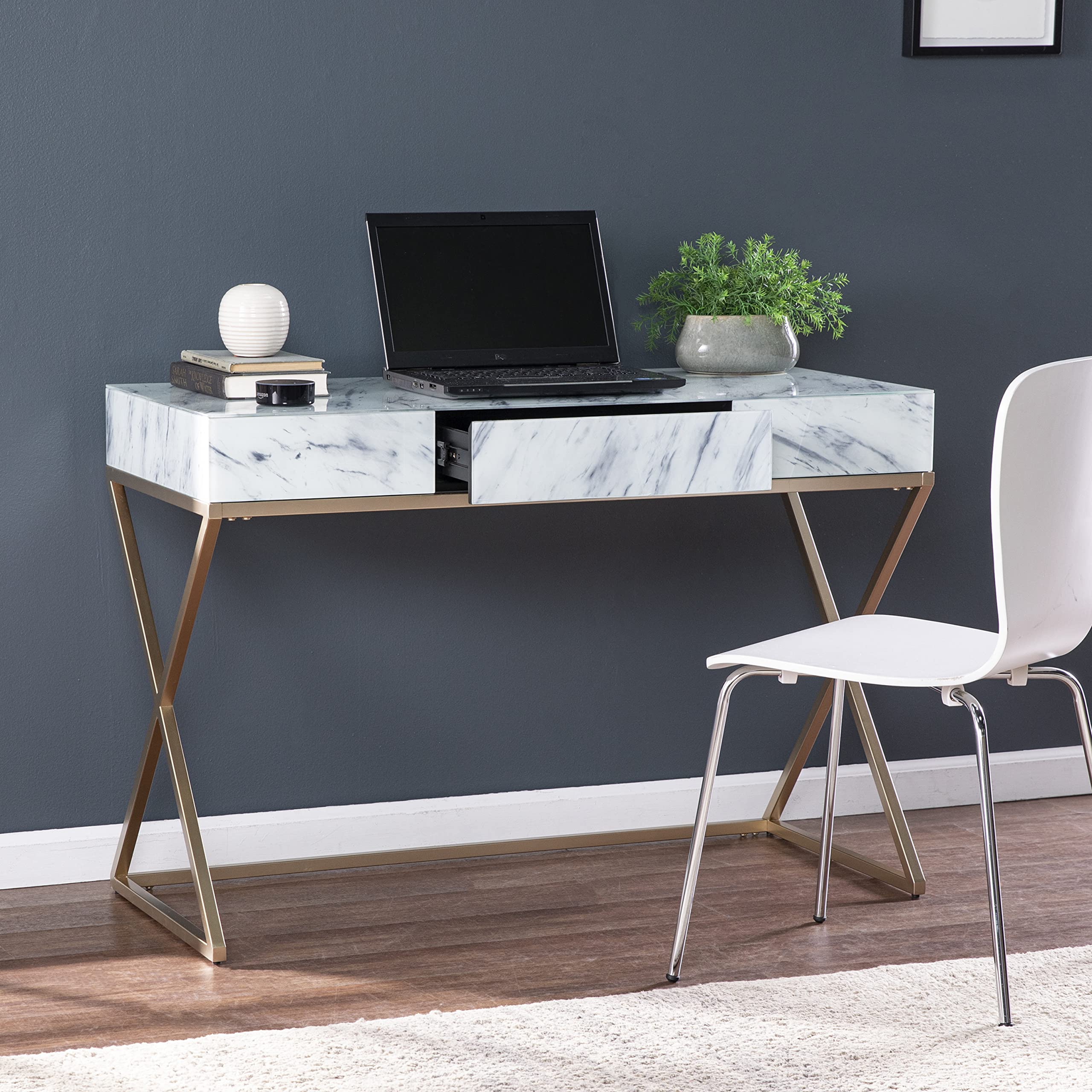 SEI Furniture Kamblemore White Faux Marble Writing Desk with Storage Drawers - Modern Home Office Desk for Small Spaces, Study & Workstation
